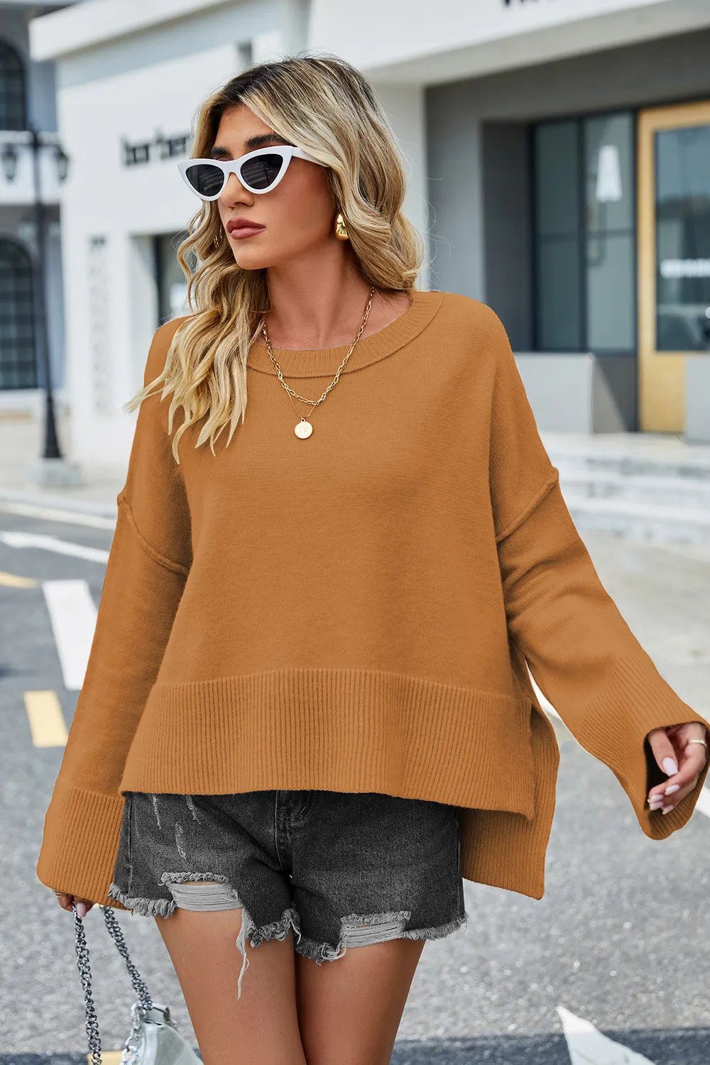 High-Low Slit Round Neck Long Sleeve Sweater, image 22