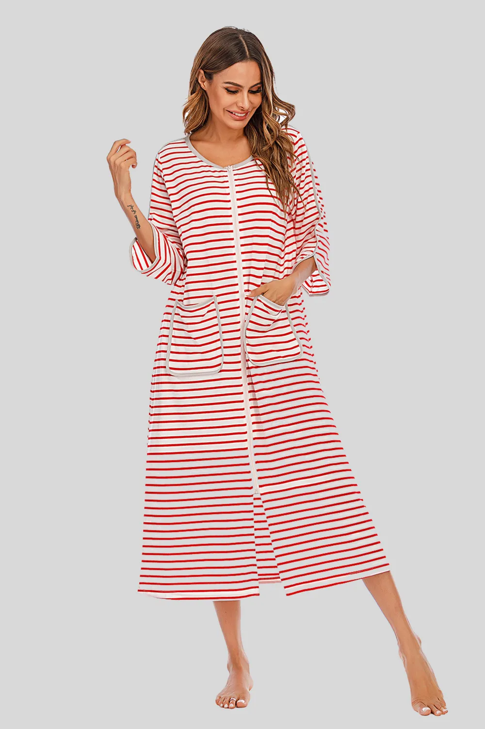Round Neck Three-Quarter Sleeve Midi Night Dress, image 11