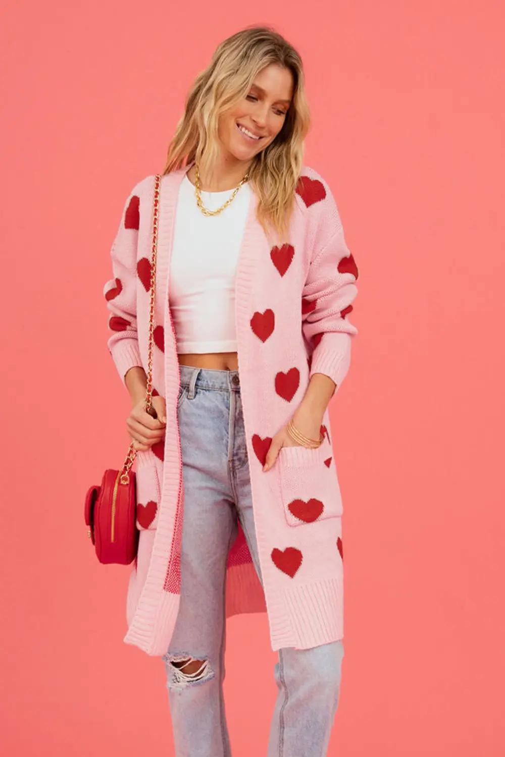 Heart Graphic Open Front Cardigan with Pockets, image 16