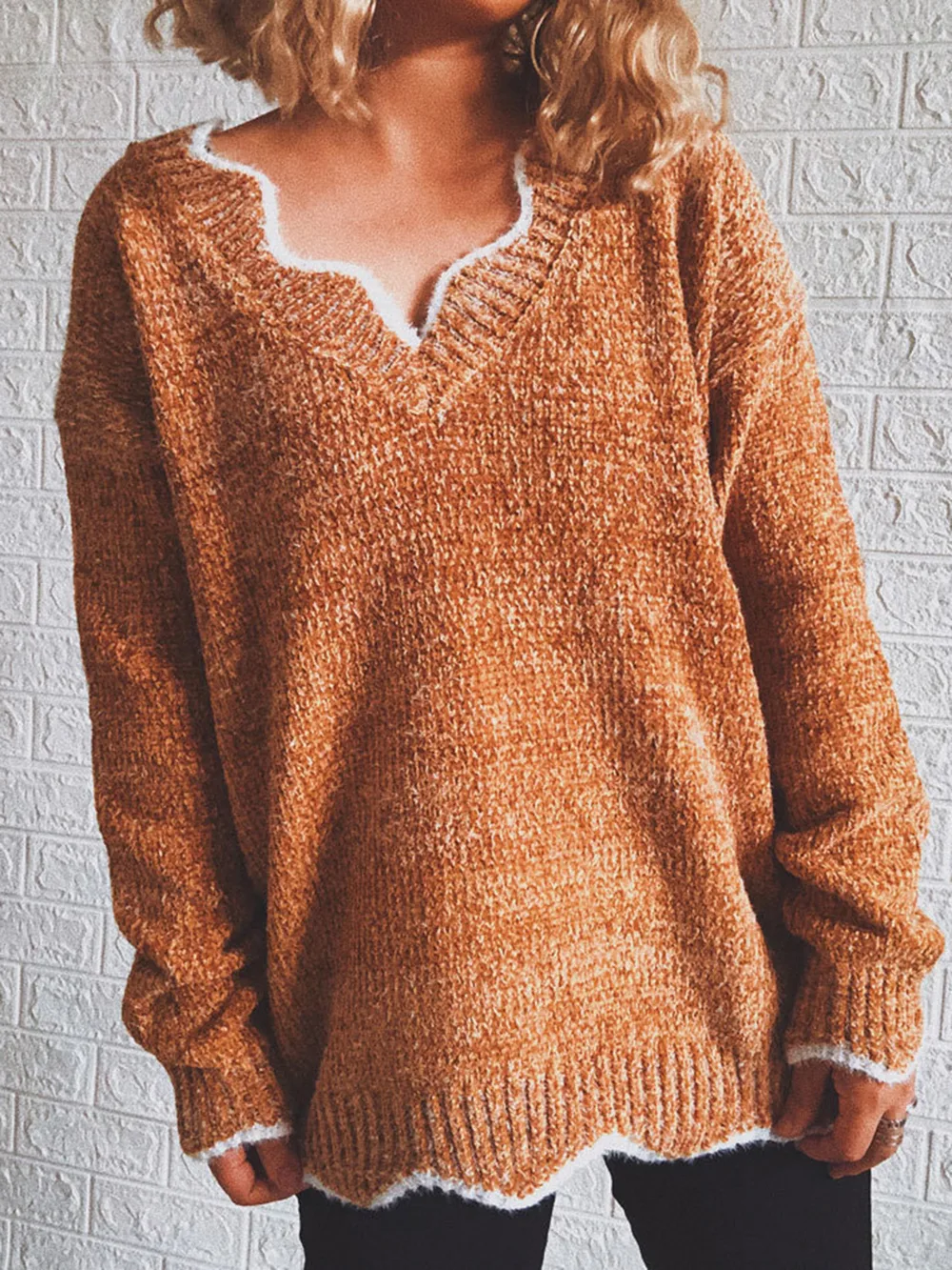 Notched Dropped Shoulder Long Sleeve Sweater, image 3