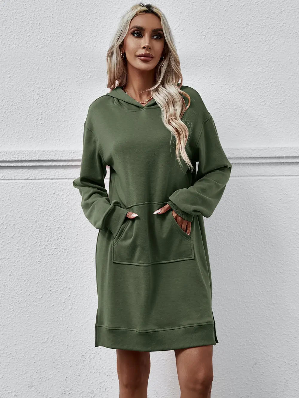 Slit Long Sleeve Hooded Dress with Pocket, image 8