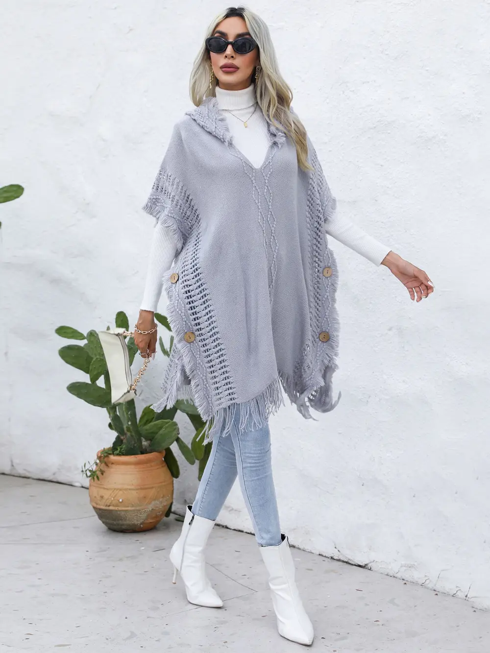 Fringe Trim Buttoned Hooded Poncho, image 6