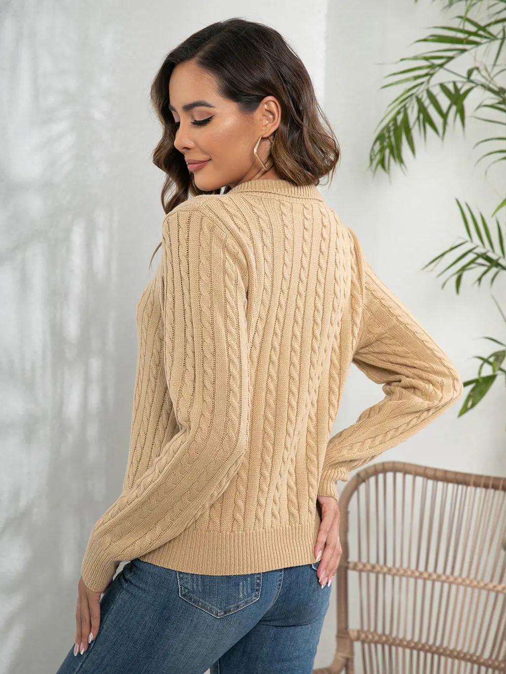 Johnny Collar Cable-Knit Long Sleeve Sweater, image 6