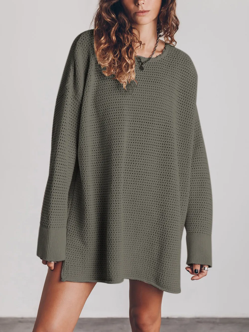 Openwork Round Neck Long Sleeve Slit Sweater, image 8