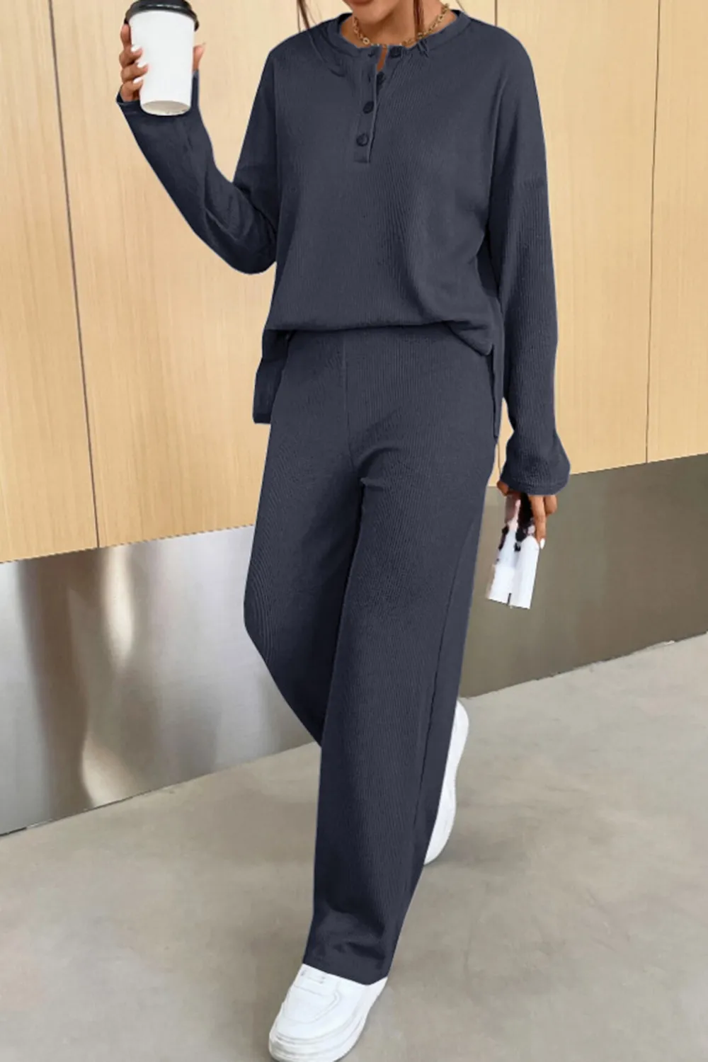 Ribbed Half Button Top and Pants Set, image 11