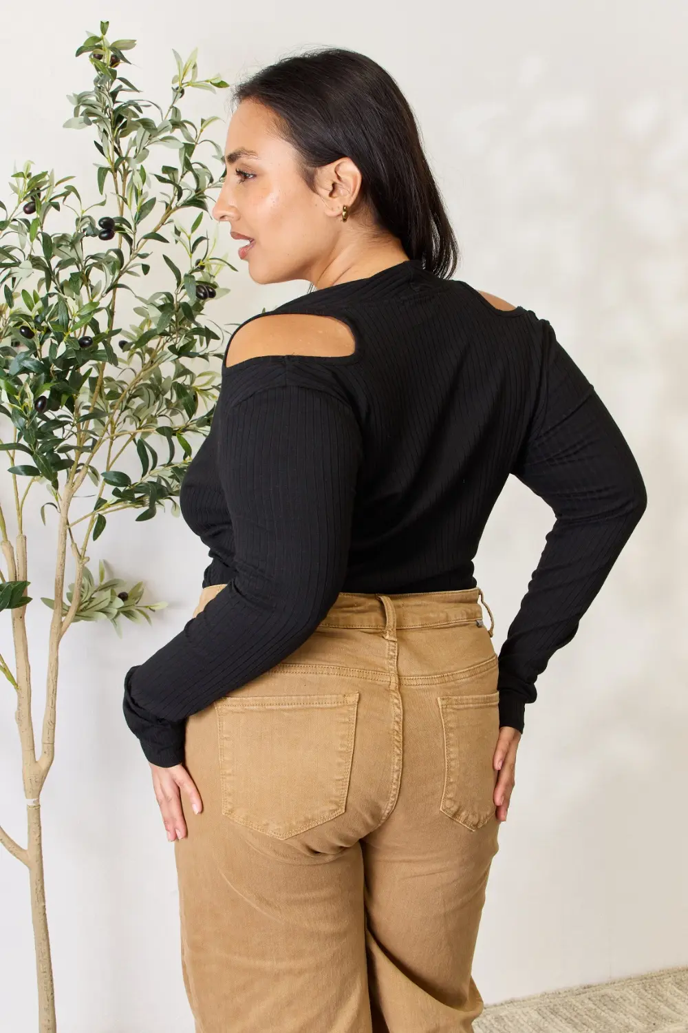 Full Size Ribbed Surplice Cold Shoulder Top, image 10
