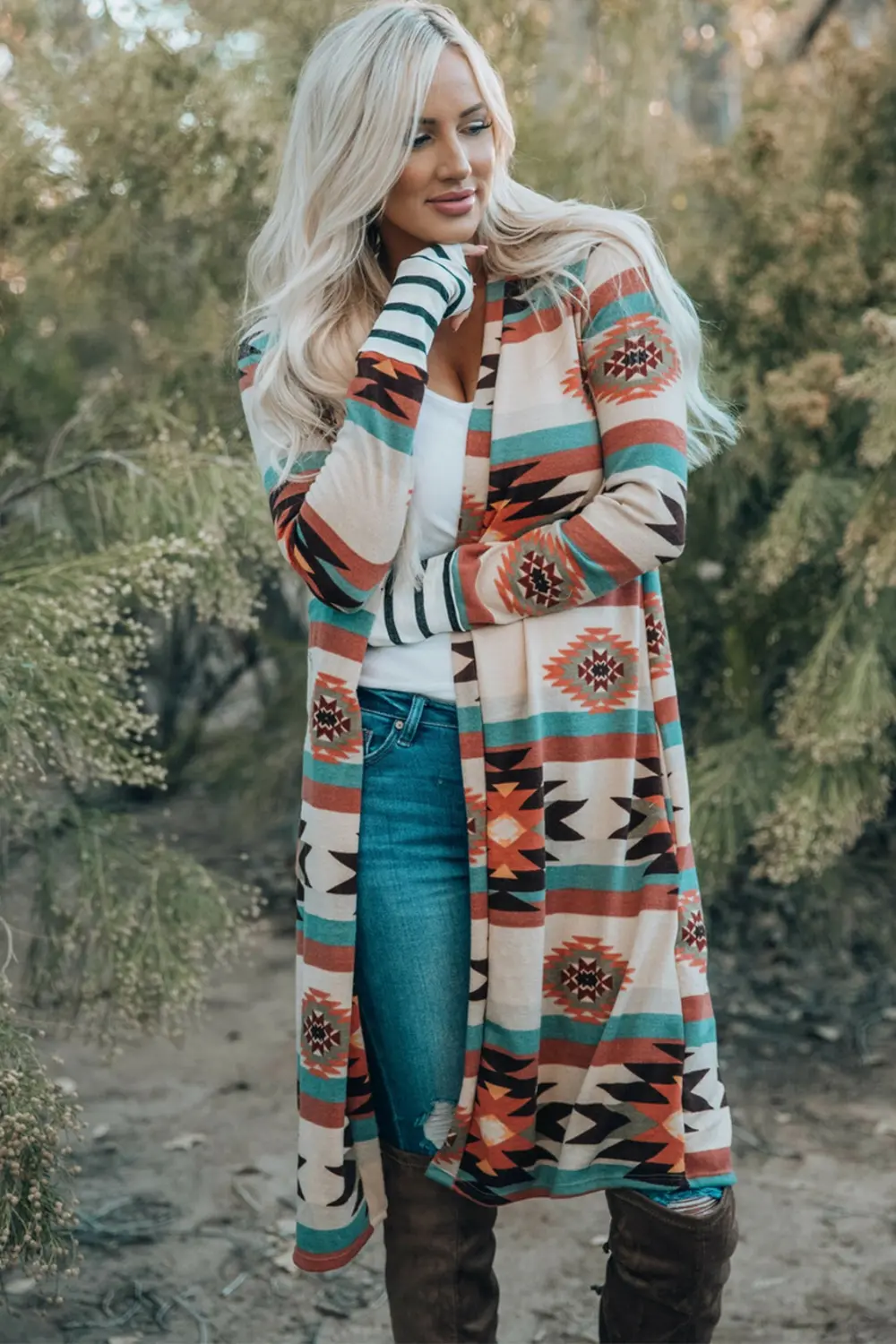 Multicolor Geometric Color Block Open Front Long Cardigan, image 3