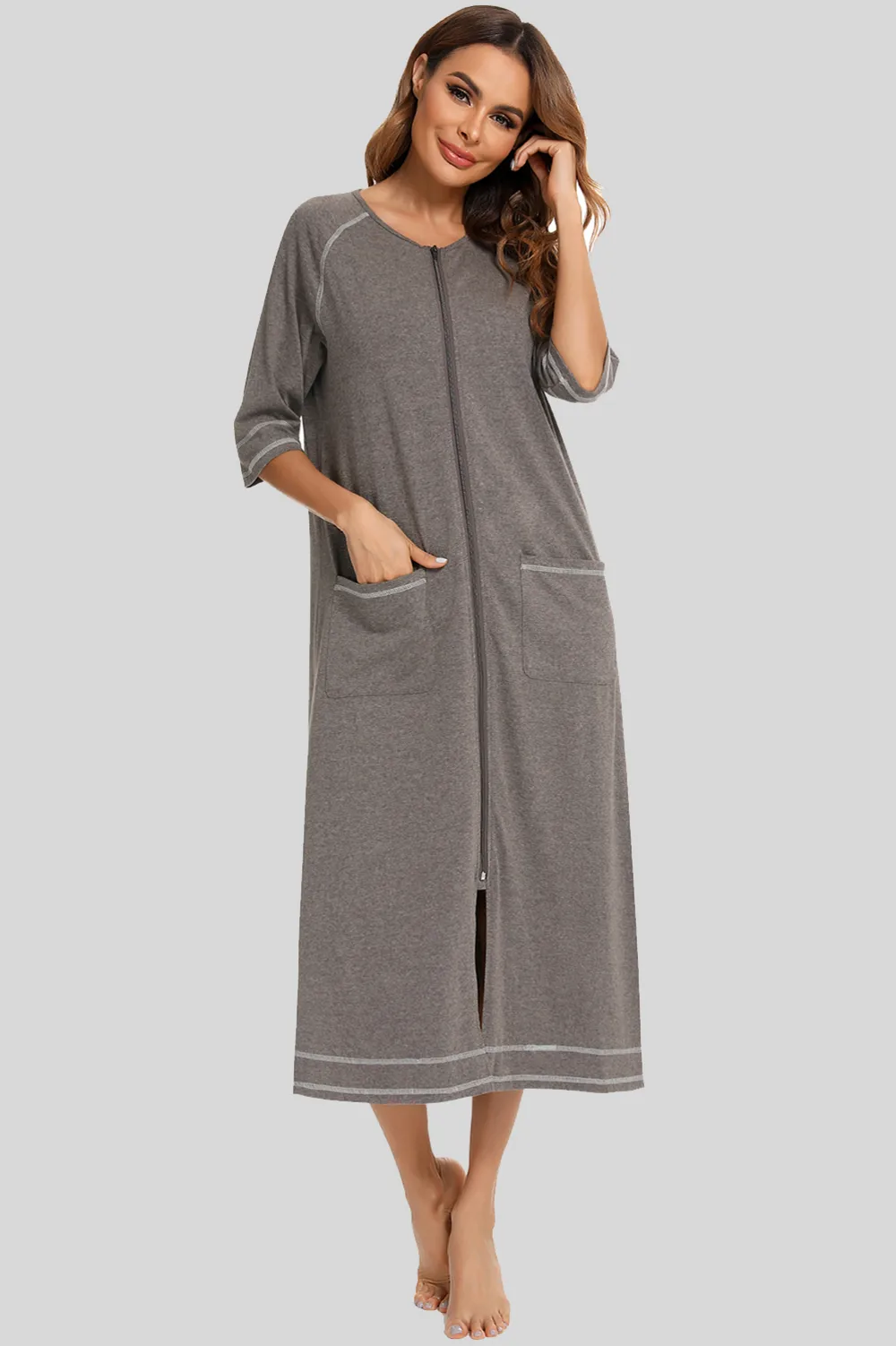Zip Up Slit Round Neck Night Dress with Pockets, image 20