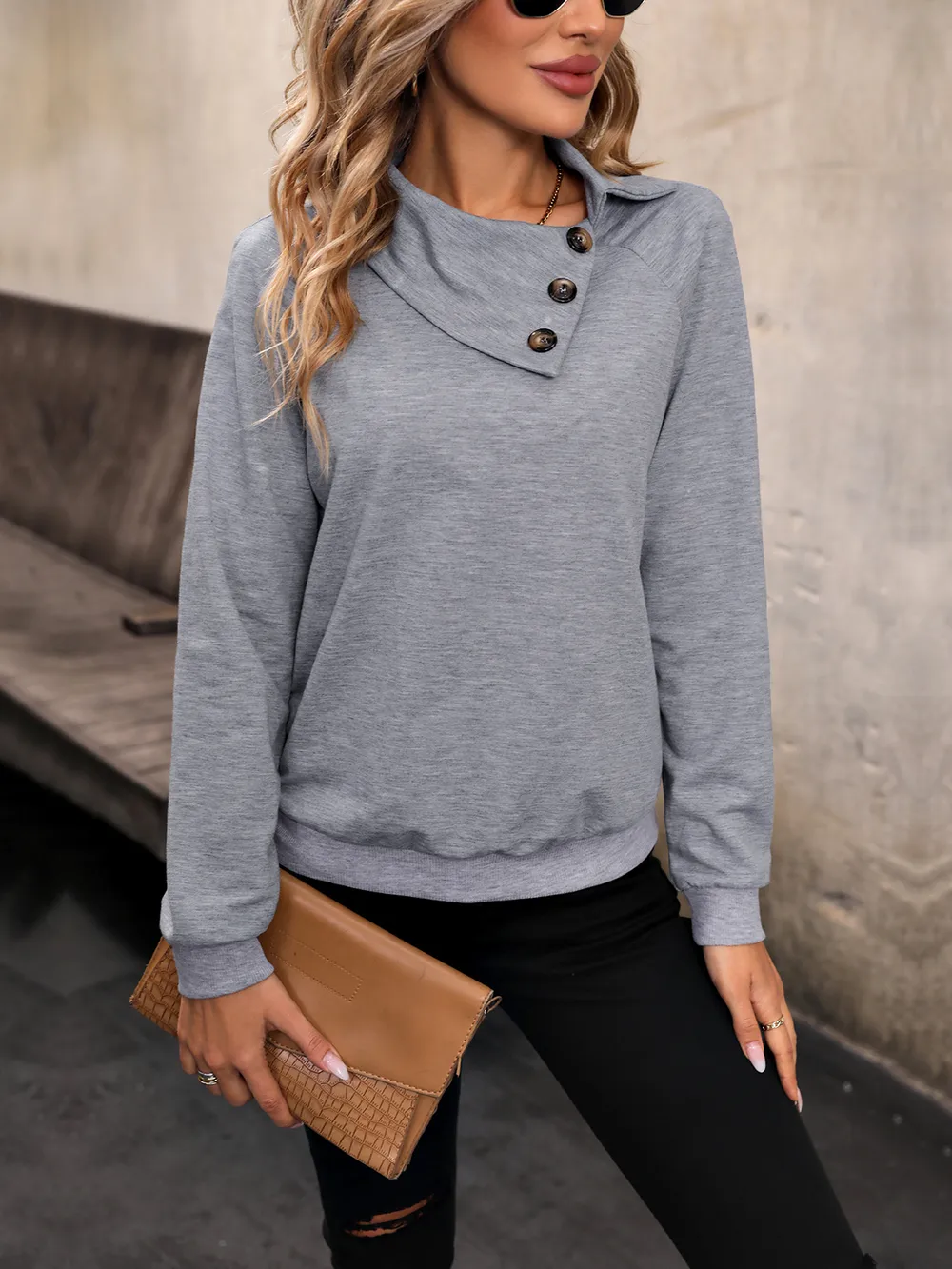 Mock Neck Raglan Sleeve Buttoned Sweatshirt, image 3