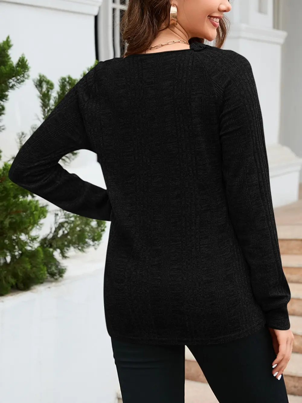 Texture Round Neck Long Sleeve Knit Top, image 5