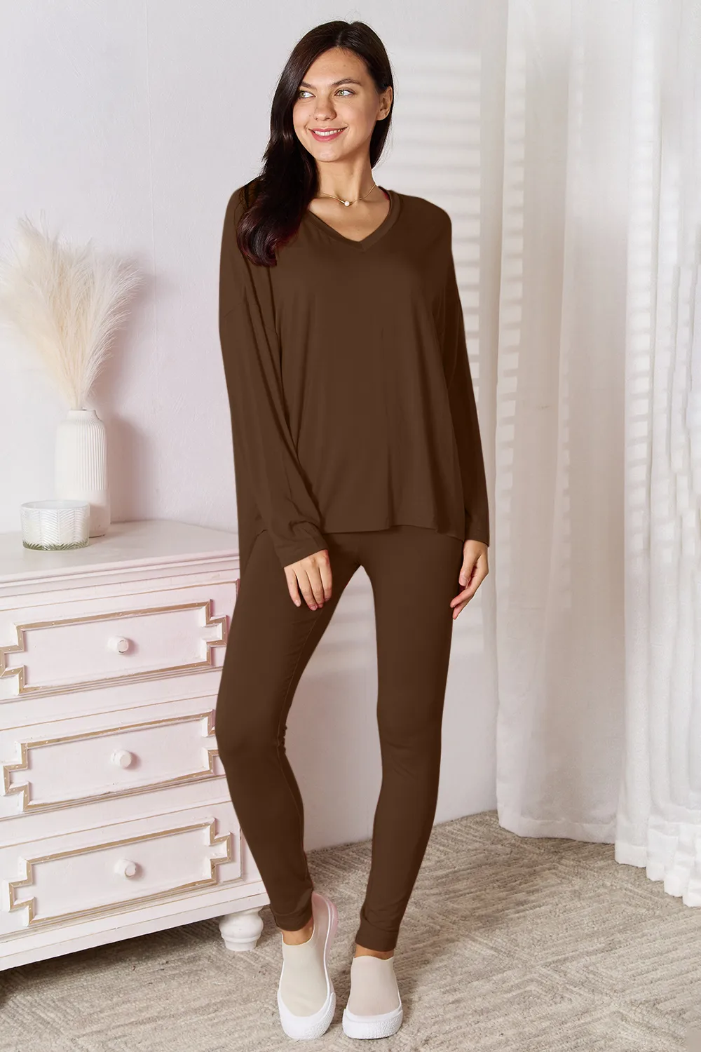 Full Size V-Neck Soft Rayon Long Sleeve Top and Pants Lounge Set, image 9