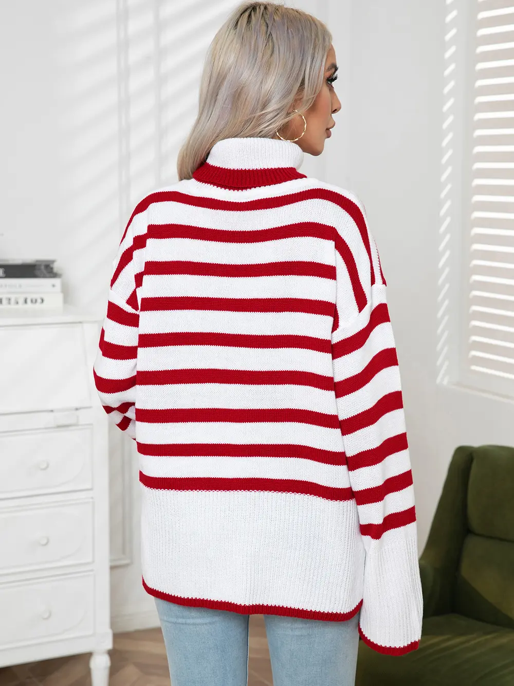 Striped Slit Turtleneck Drop Shoulder Sweater, image 9