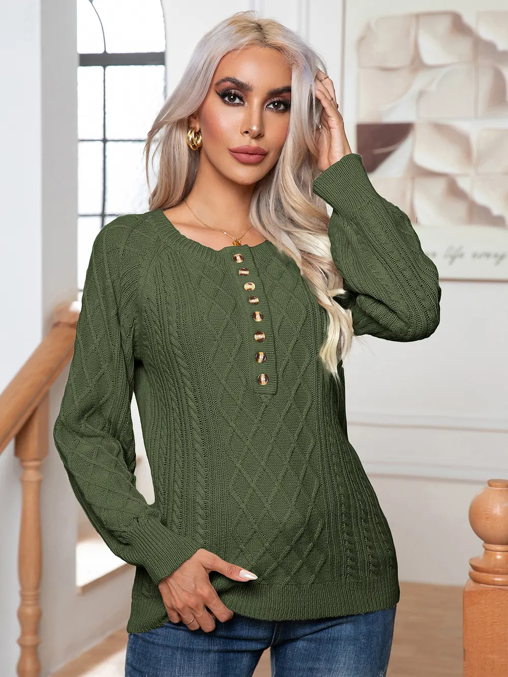 Cable-Knit Round Neck Buttoned Sweater, image 9