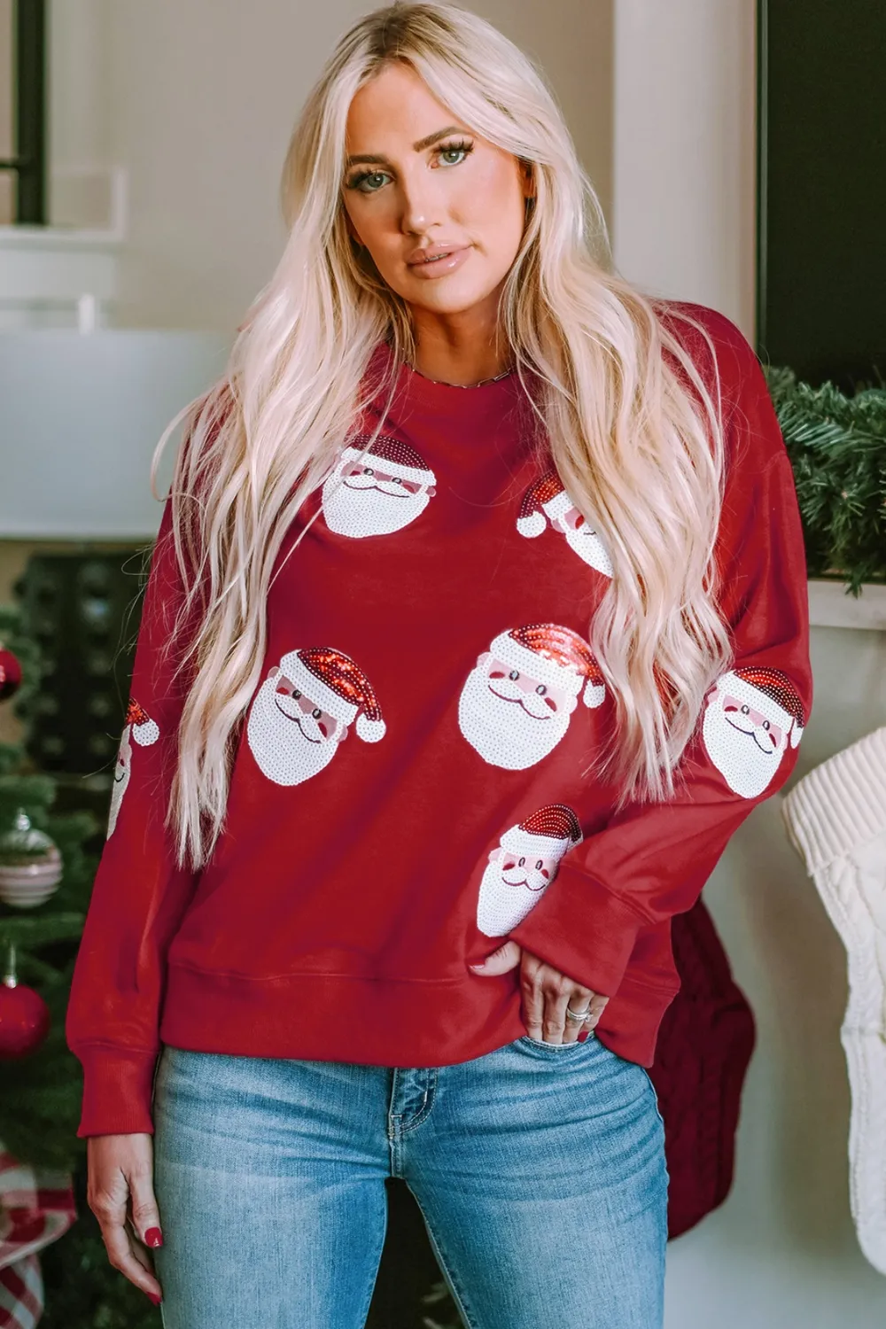 Sequin Santa Patch Round Neck Sweatshirt, image 3