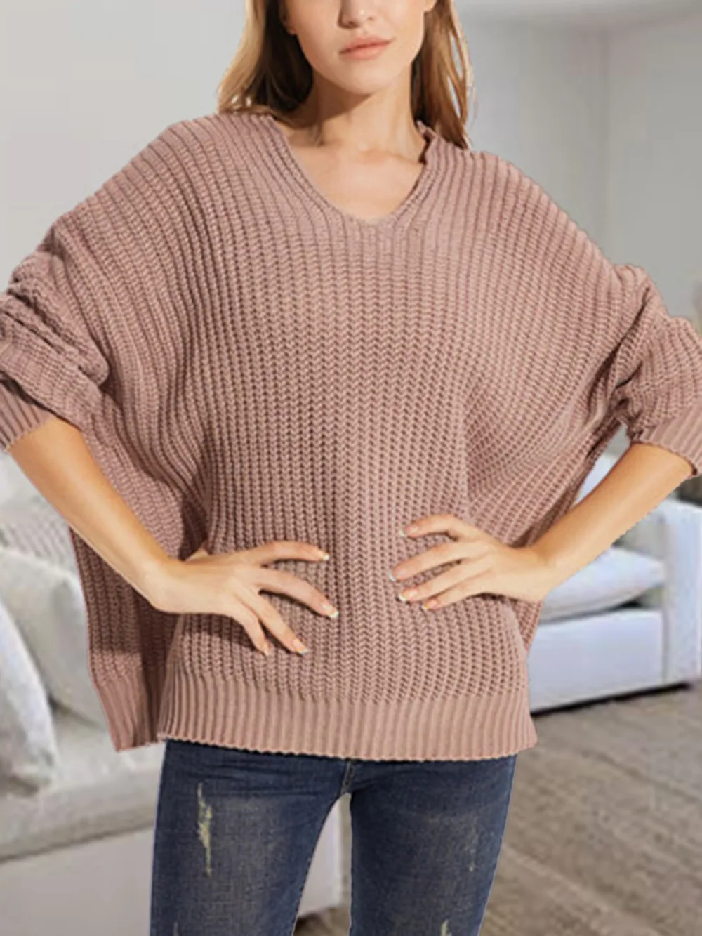 V-Neck Batwing Dropped Shoulder Sweater, image 4