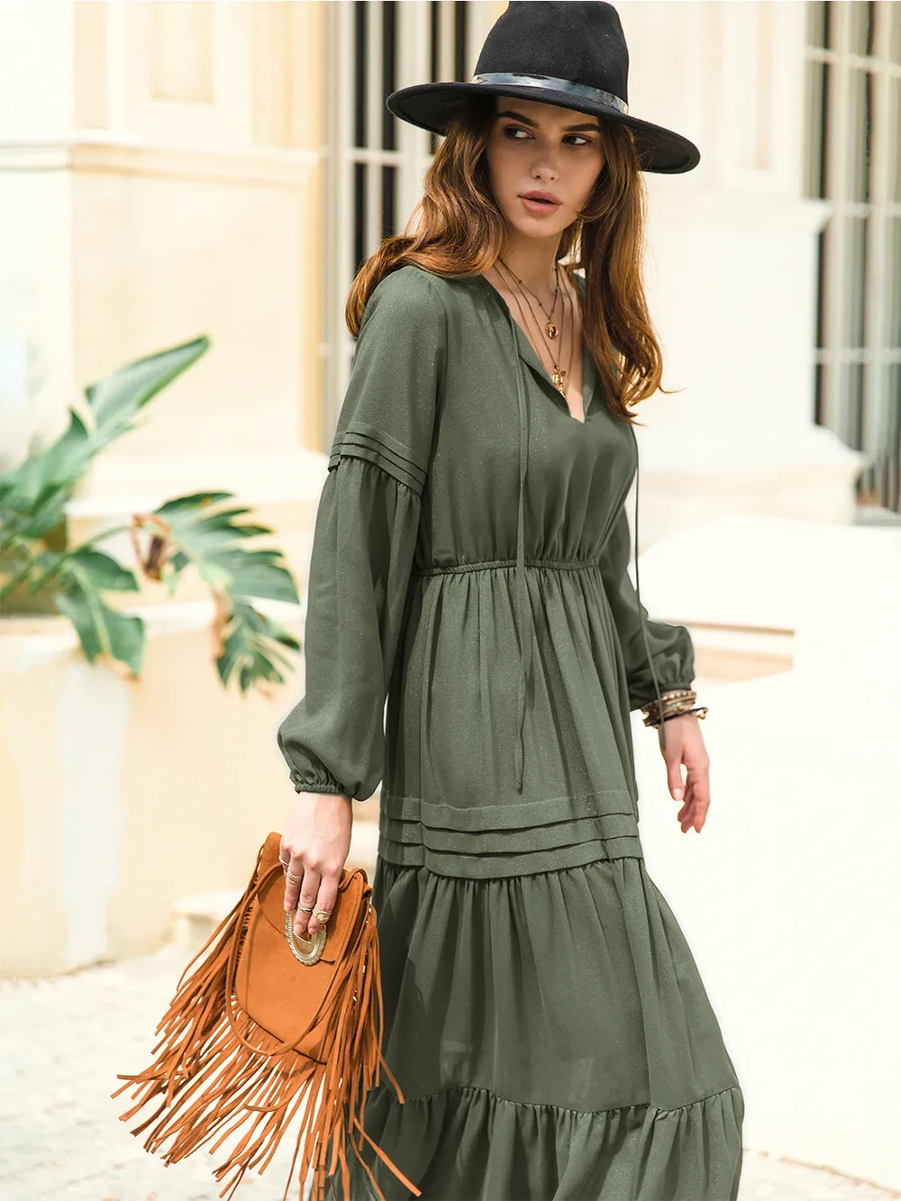 Tie Neck Long Sleeve Midi Tiered Dress, image 5
