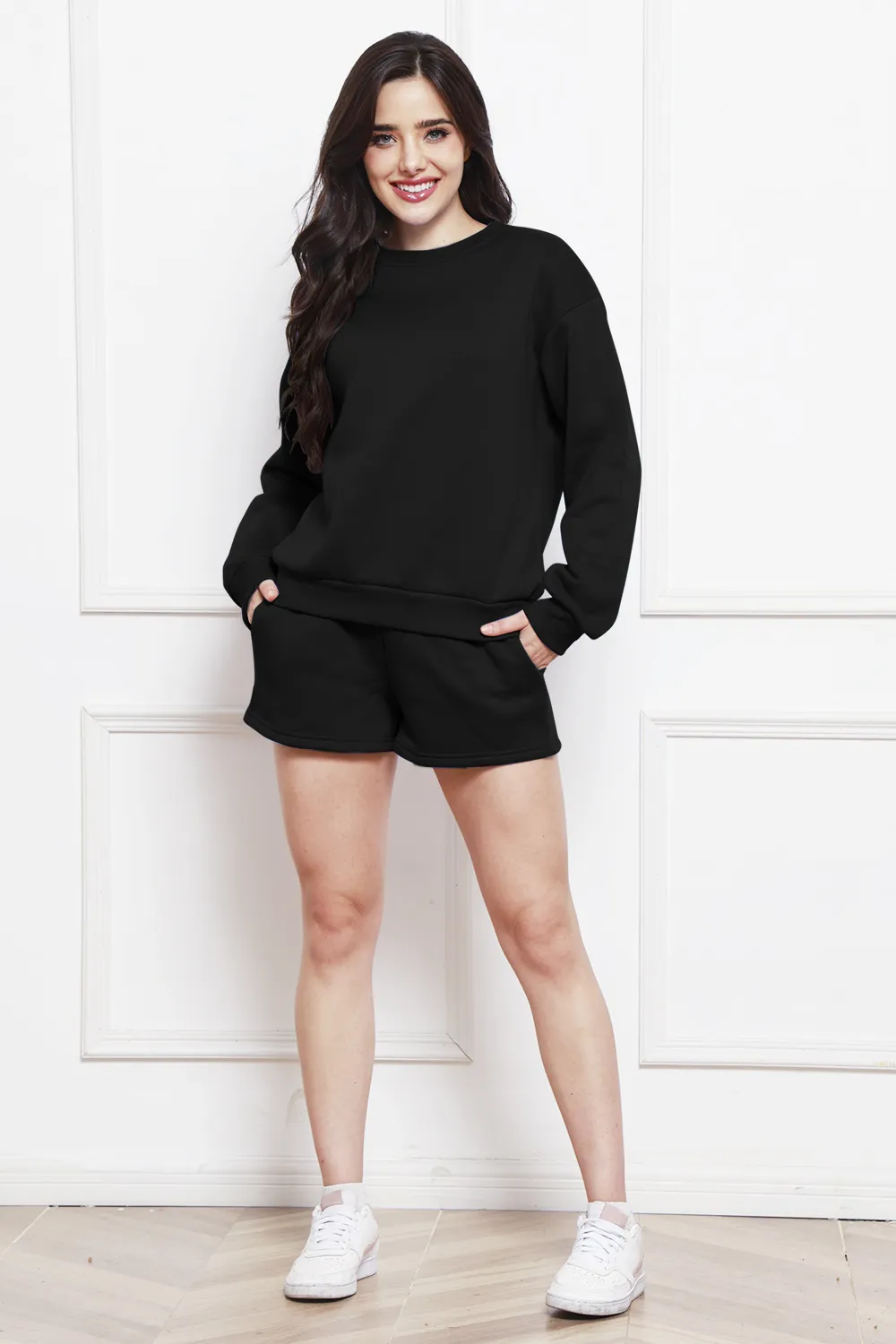 Round Neck Long Sleeve Sweatshirt and Drawstring Shorts Set, image 8