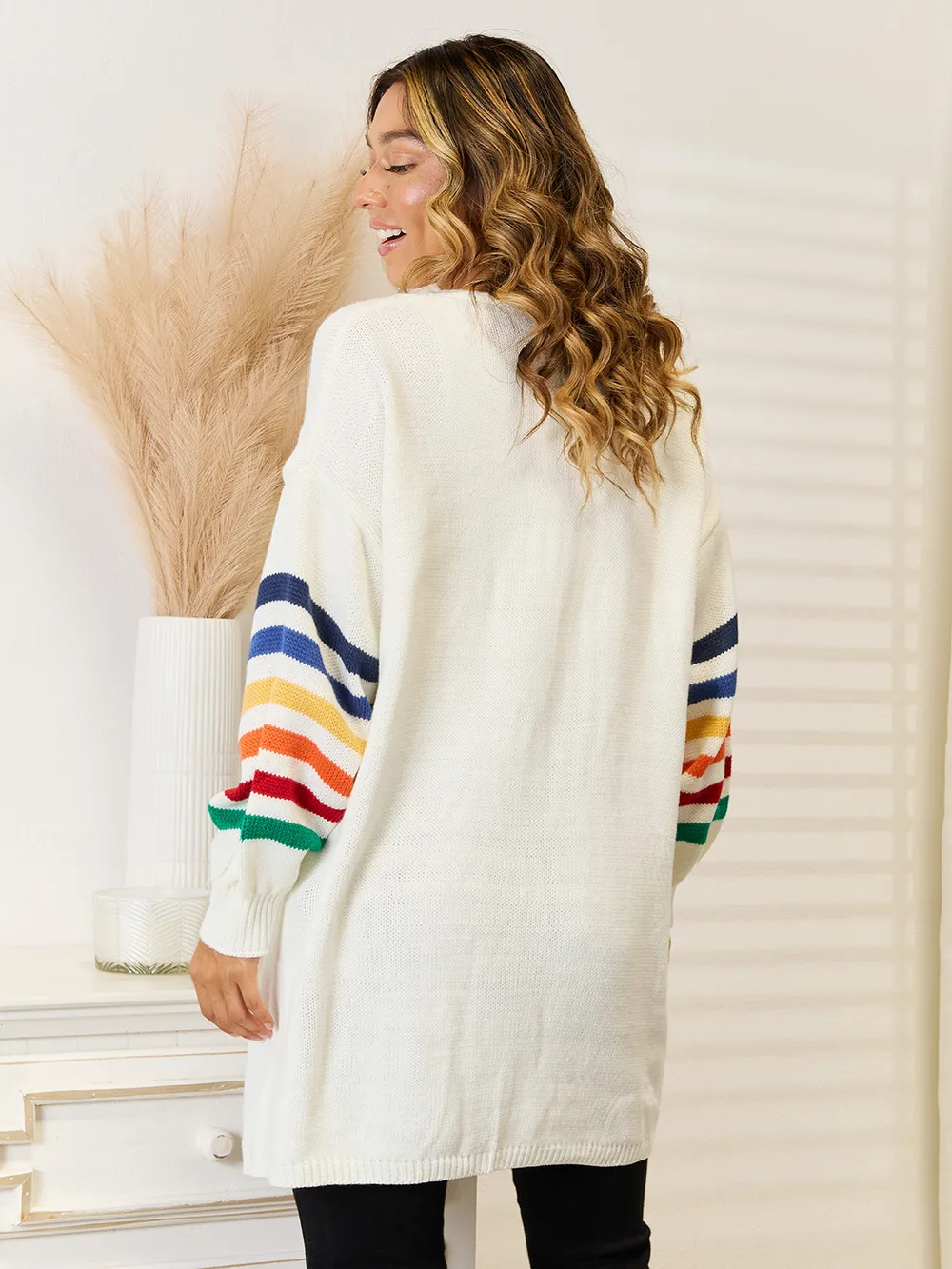 Striped Open Front Dropped Shoulder Cardigan, image 3