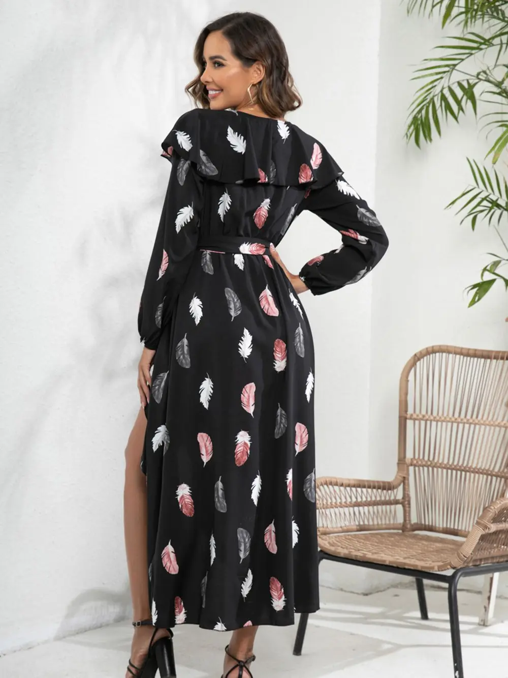 Printed Tie Front Ruffle Trim Long Sleeve Dress, image 2