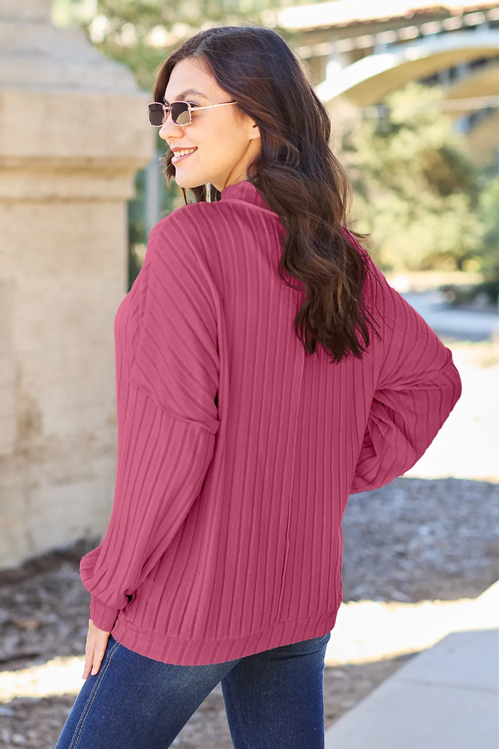 Full Size Ribbed Exposed Seam Mock Neck Knit Top, image 5