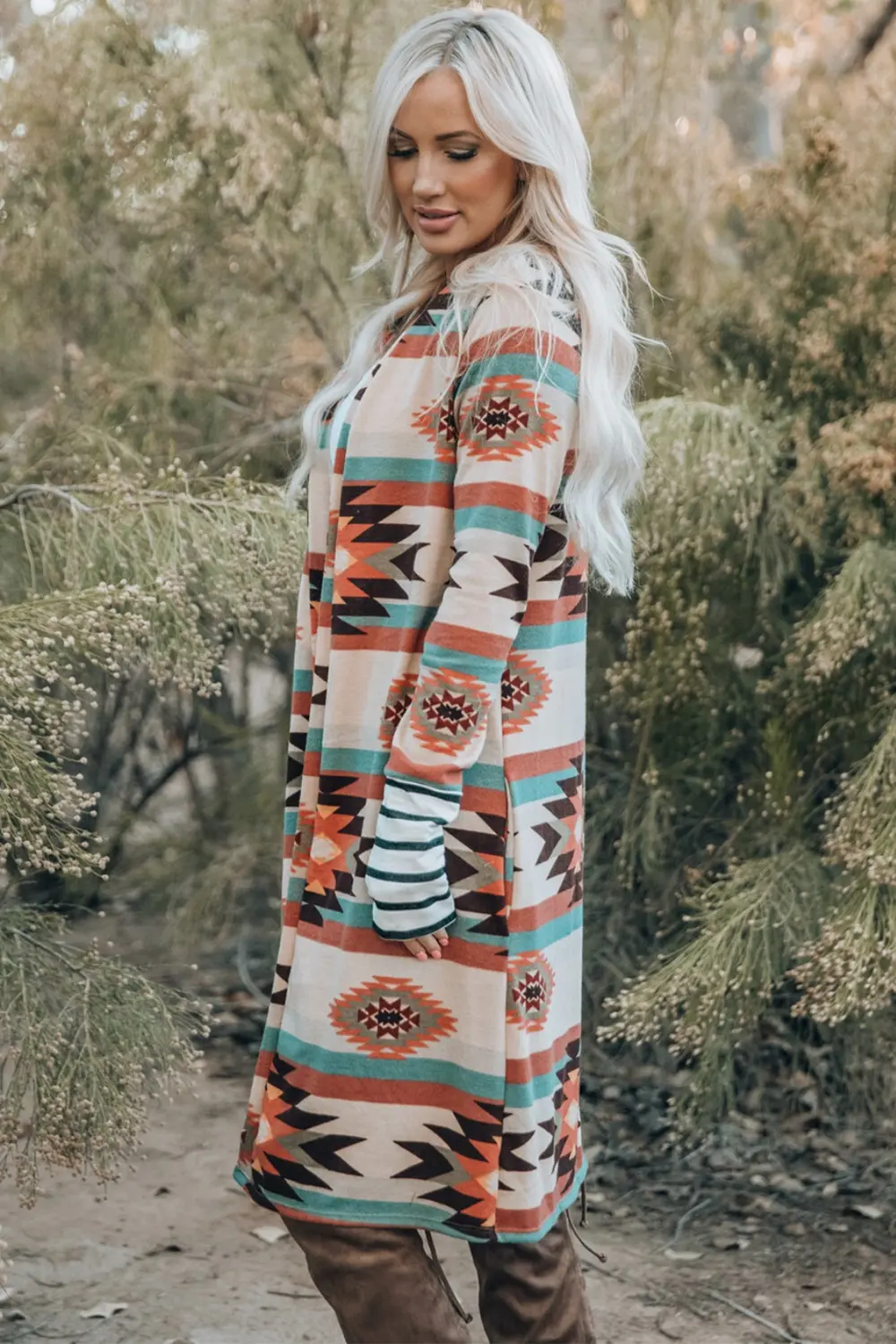 Multicolor Geometric Color Block Open Front Long Cardigan, image 4