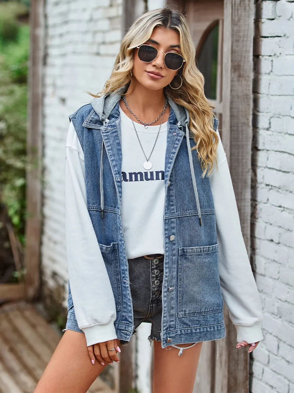 Button Up Sleeveless Denim Jacket with Pockets, image 4