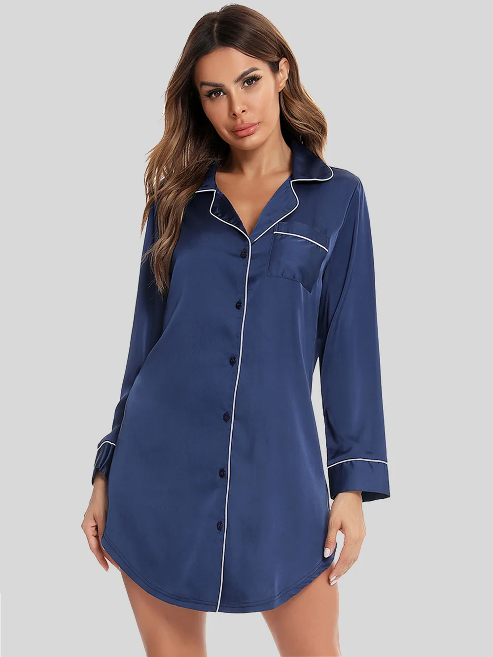 Button Up Lapel Collar Night Dress with Pocket, image 4