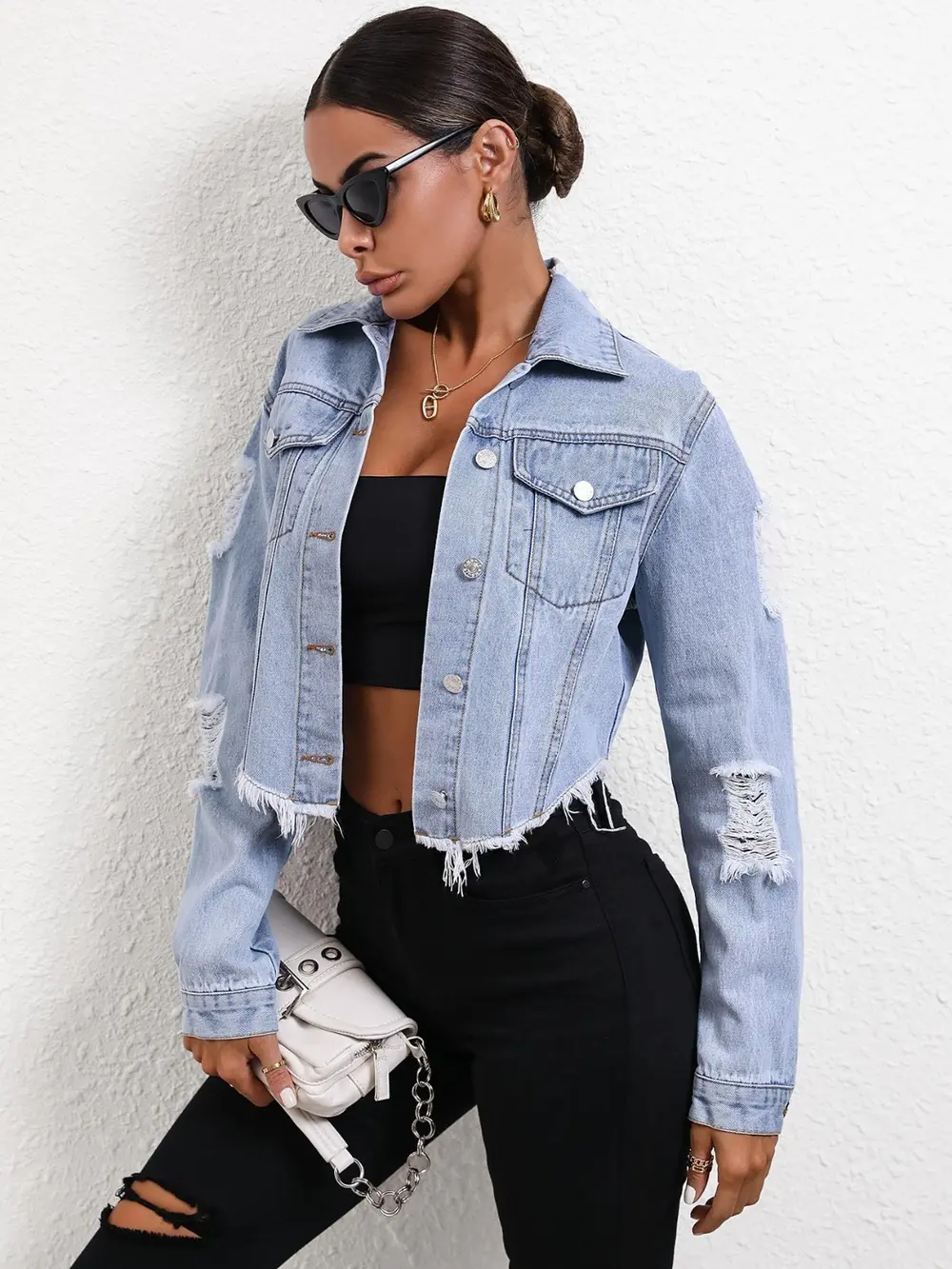 Distressed Raw Hem Button Up Denim Jacket, image 6