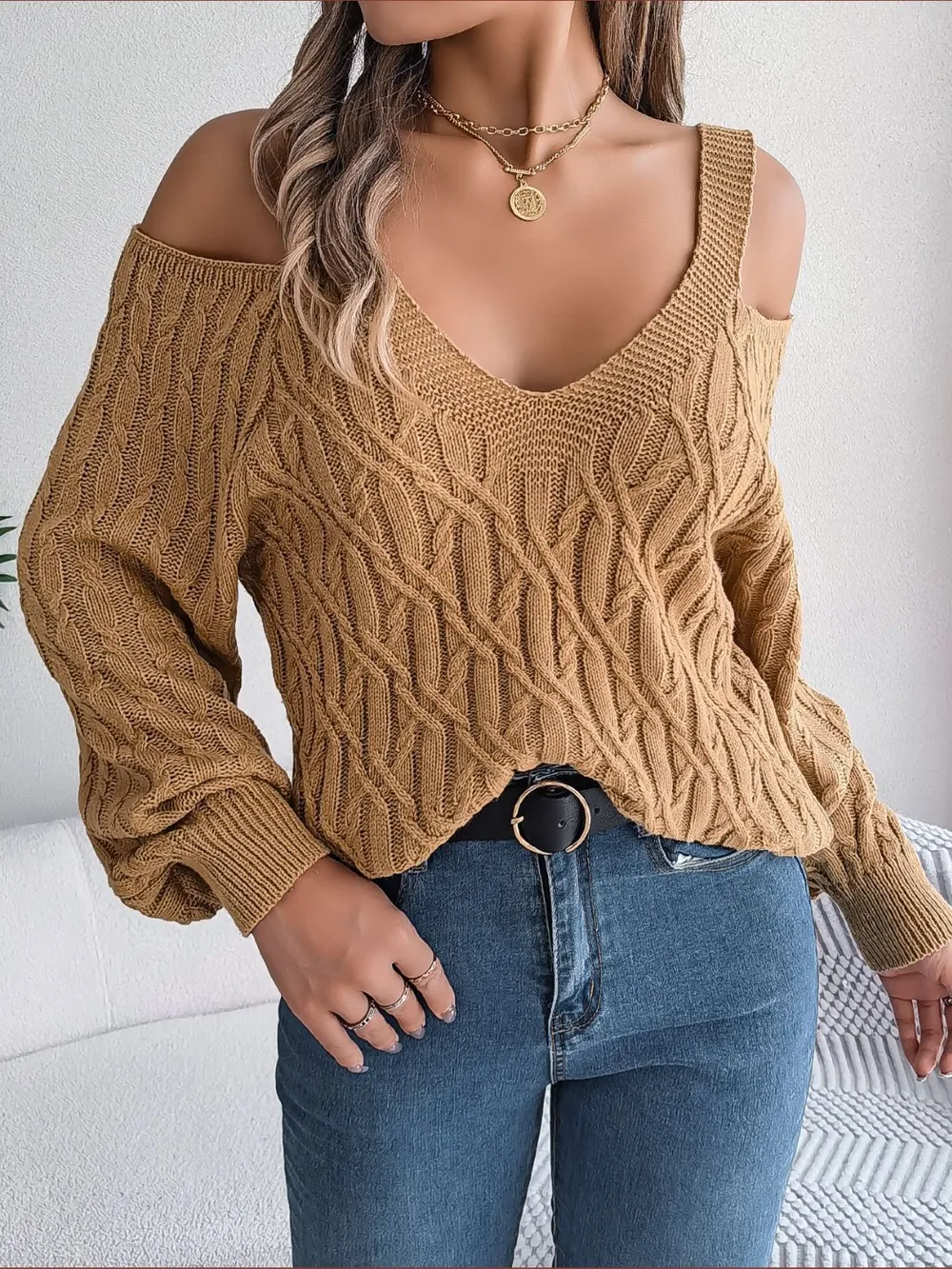 Cable-Knit Cold Shoulder Long Sleeve Sweater, image 11