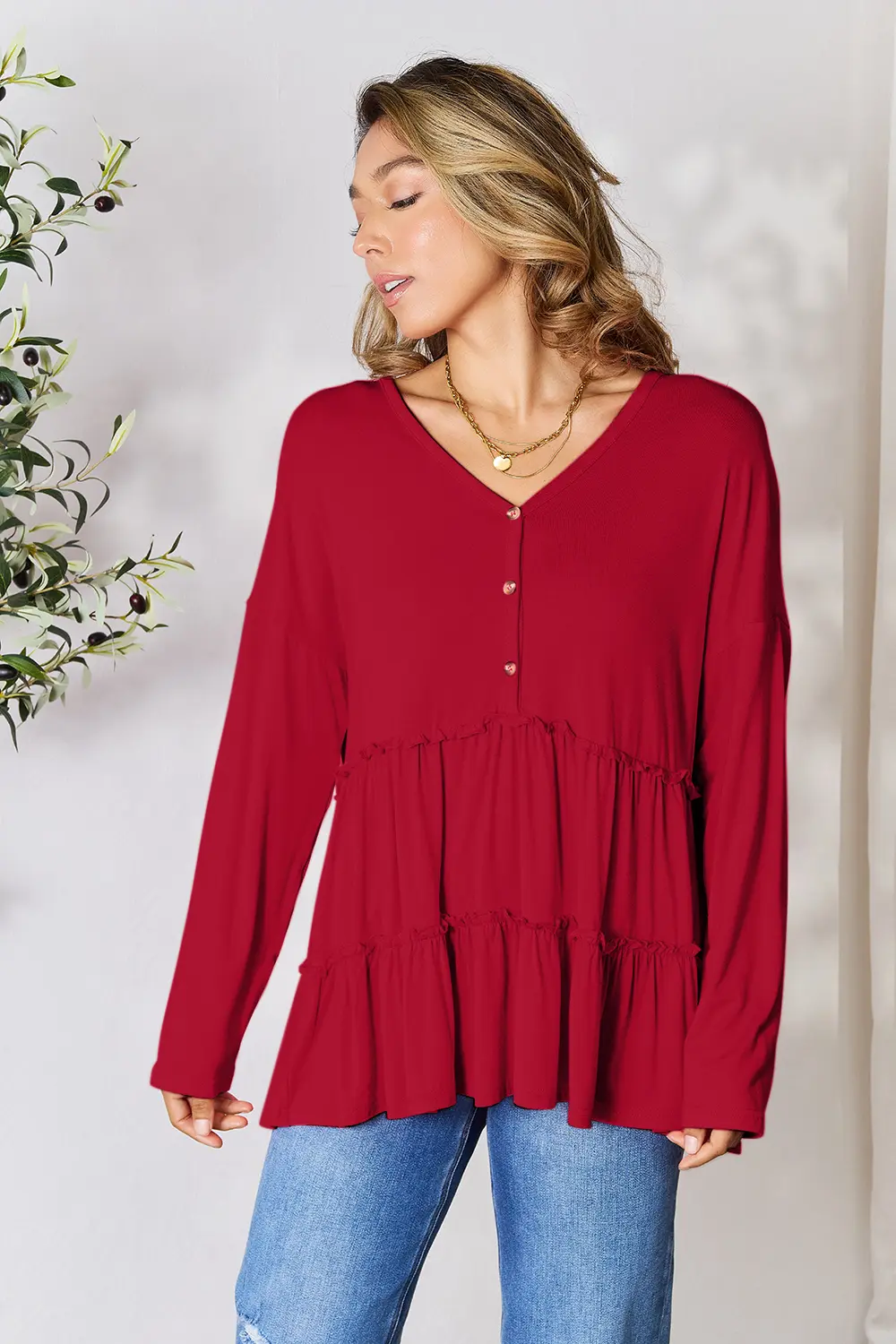 Half Button Long Sleeve Ruffle Hem Blouse, image 5