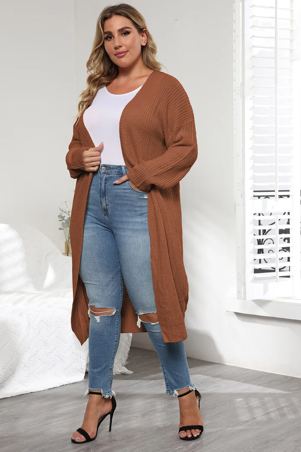 Plus Size Open Front Long Sleeve Cardigan, image 5