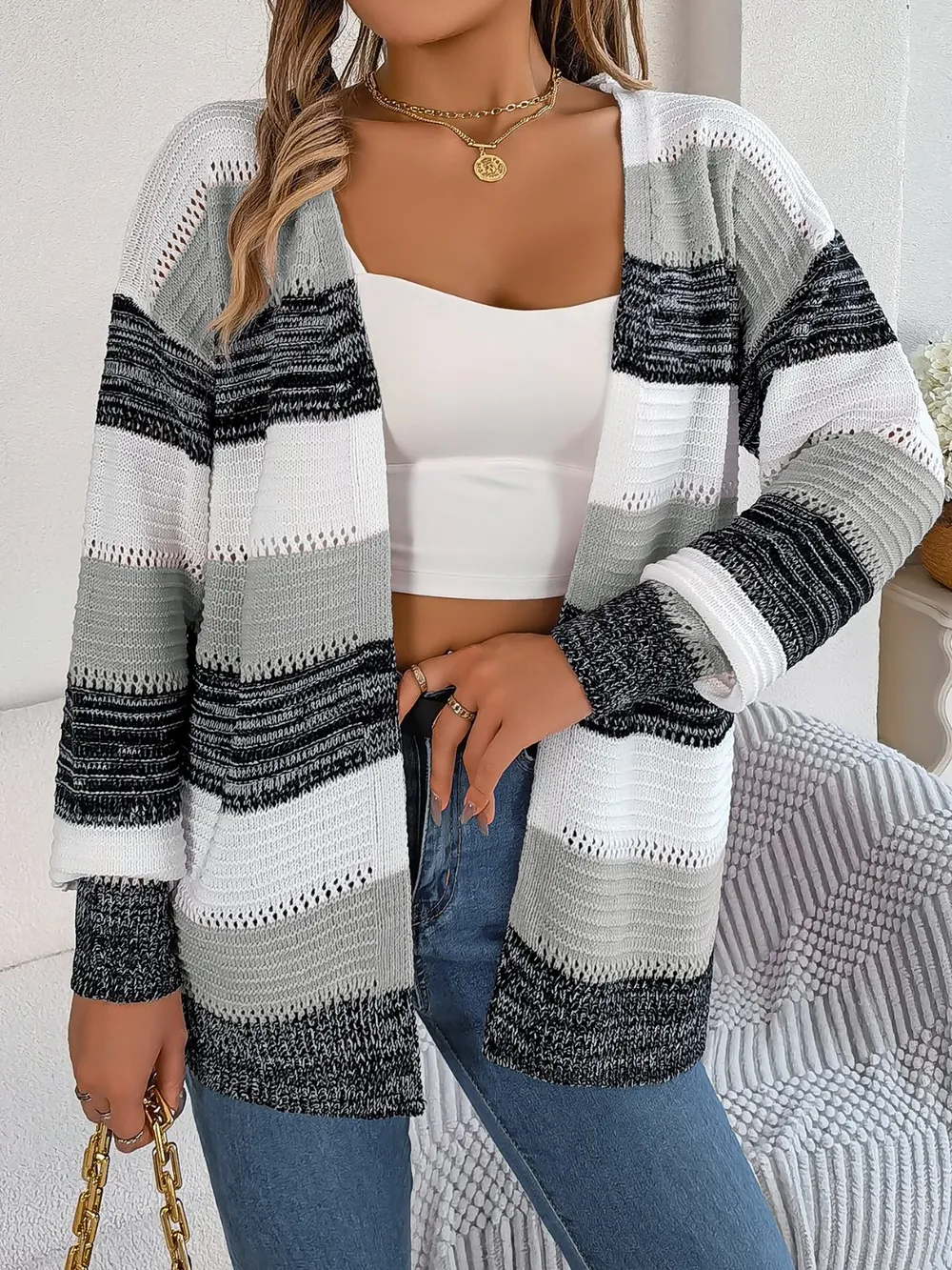 Openwork Striped Open Front Cardigan, image 9