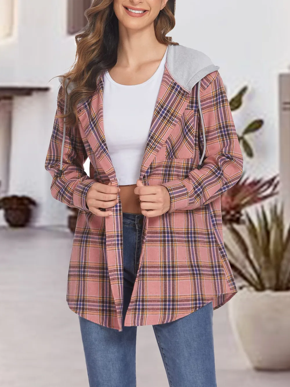 Plaid Drawstring Button Up Hooded Jacket, image 13