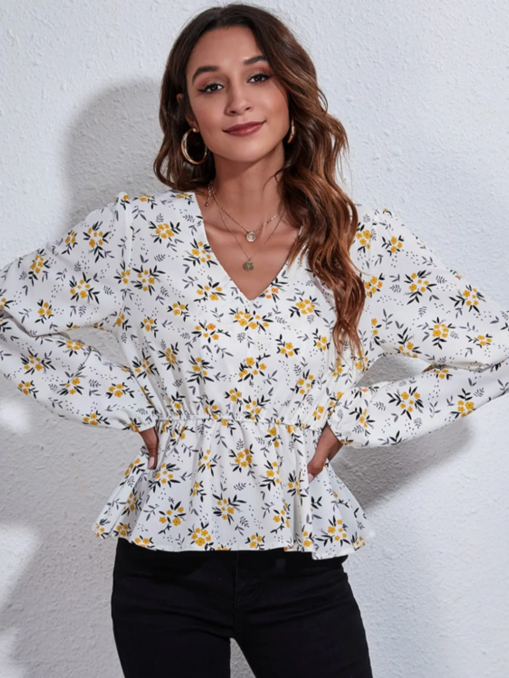 Floral V-Neck Balloon Sleeve Peplum Blouse, image 2