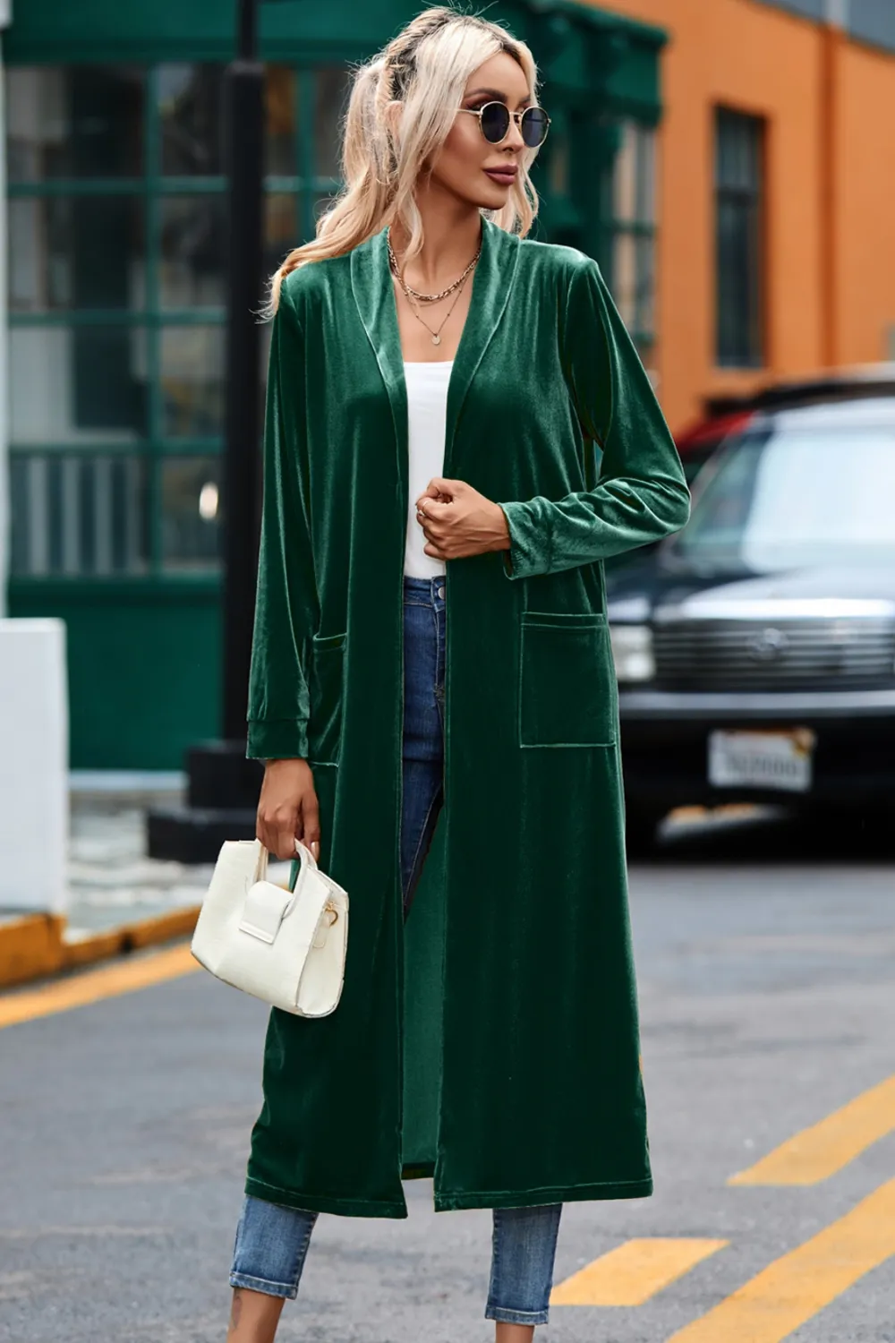 Velvet Open Front Long Cardigan with Pockets, image 3