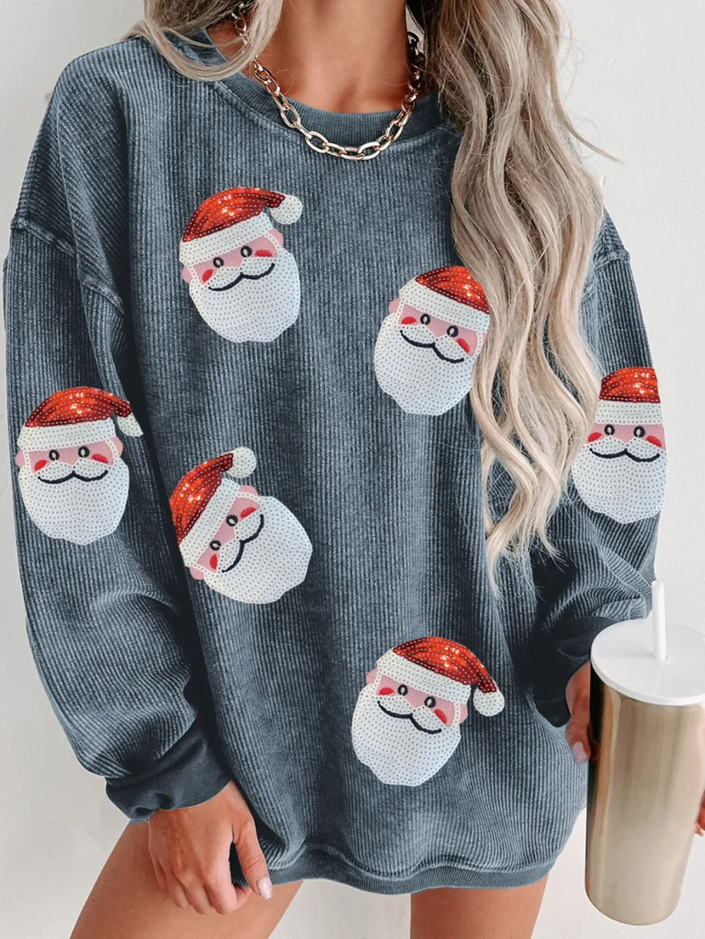 Sequin Santa Patch Ribbed Sweatshirt, image 8