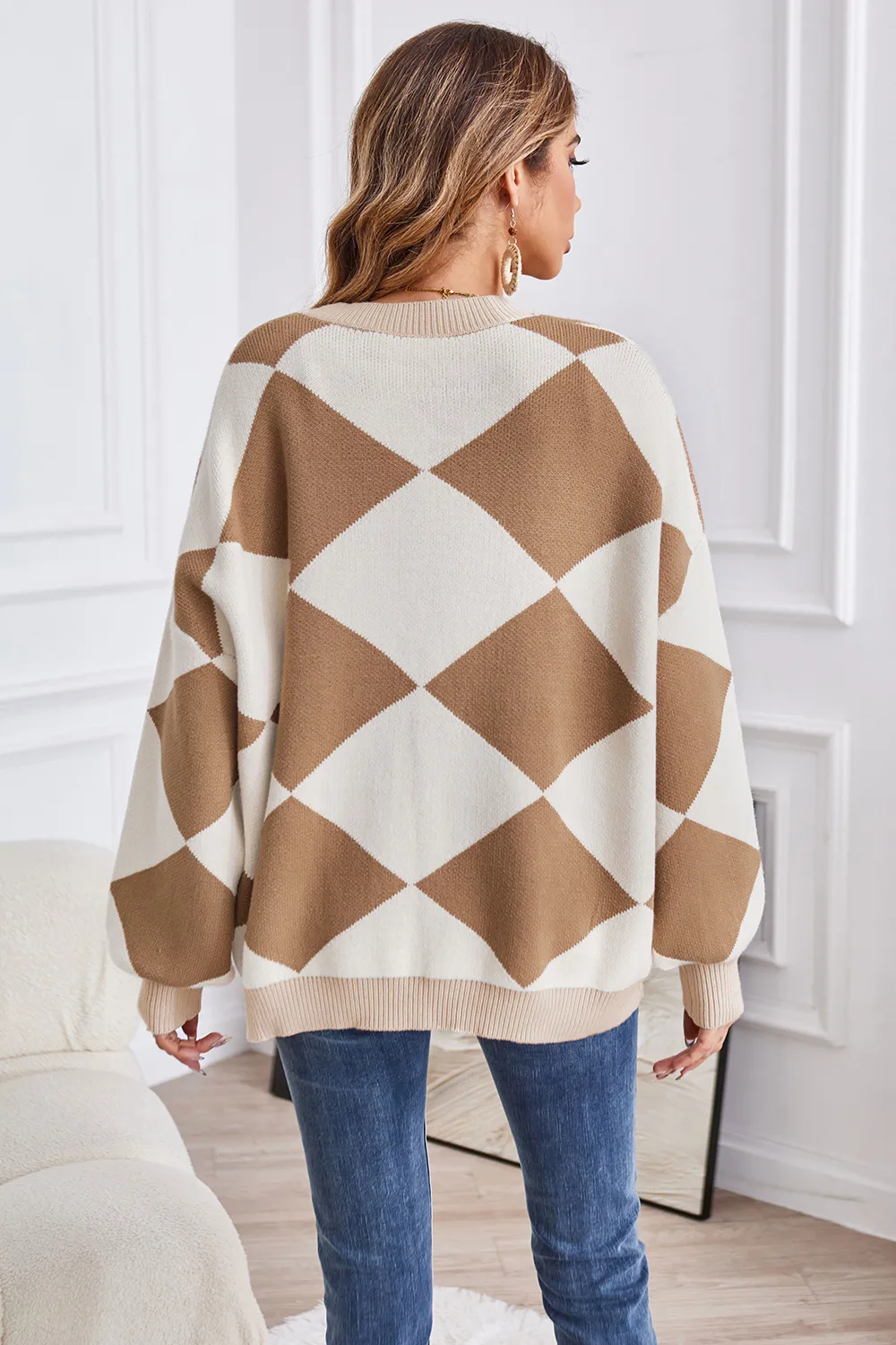 Geometric Lantern Sleeve Cardigan with Pockets, image 15