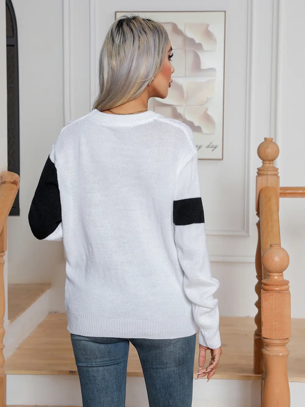 Color Block Cable-Knit Round Neck Sweater, image 6