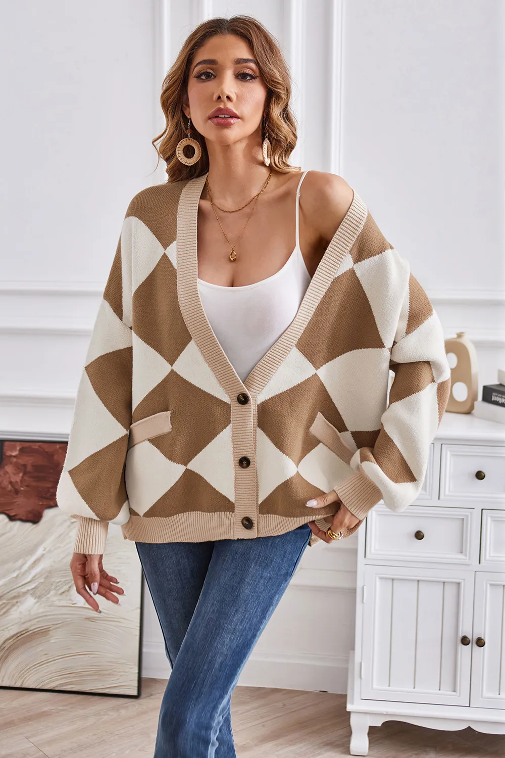 Geometric Lantern Sleeve Cardigan with Pockets, image 13