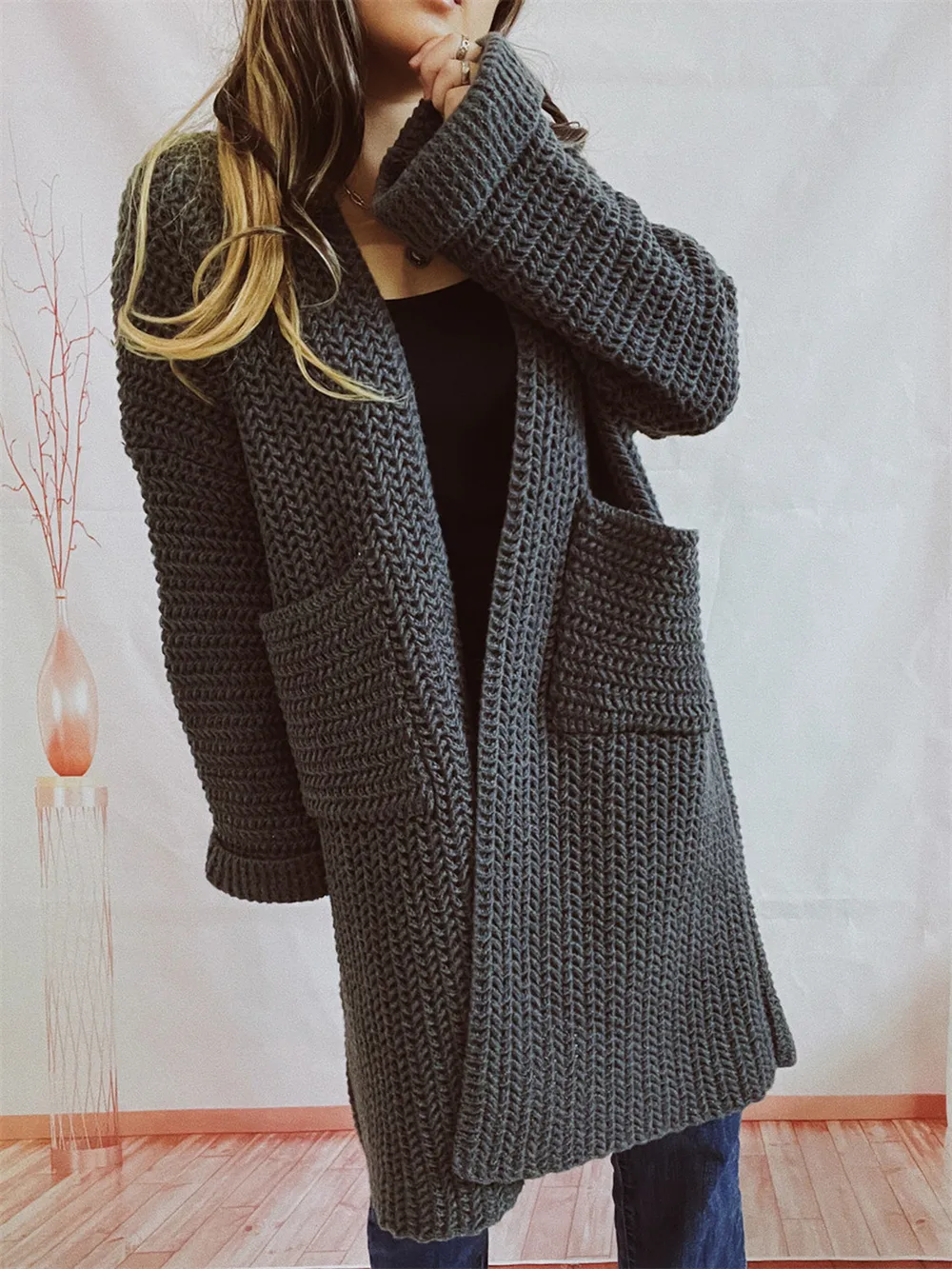 Open Front Long Sleeve Cardigan with Pockets, image 10