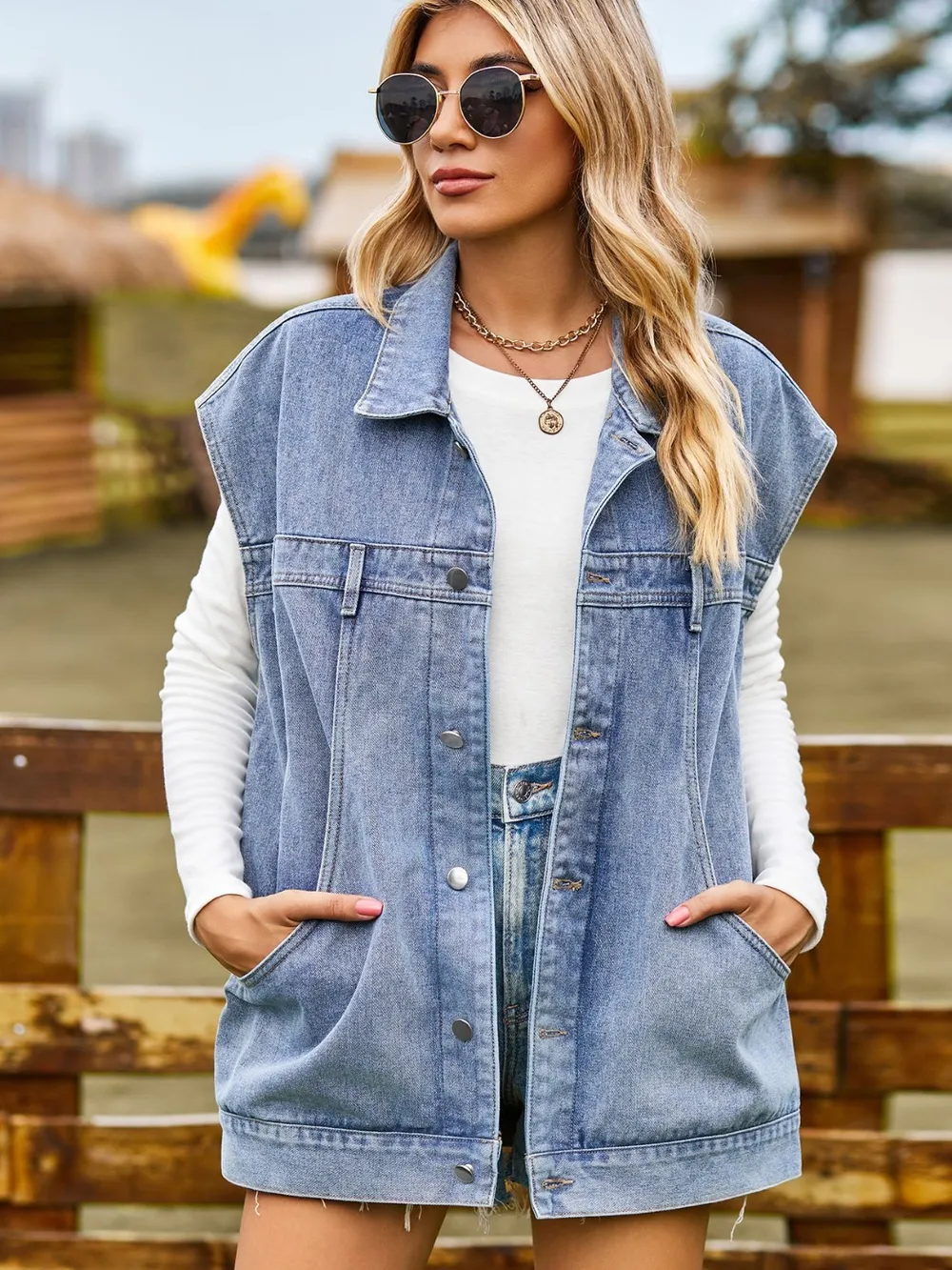 Button Up Collared Neck Sleeveless Denim Jacket, image 5