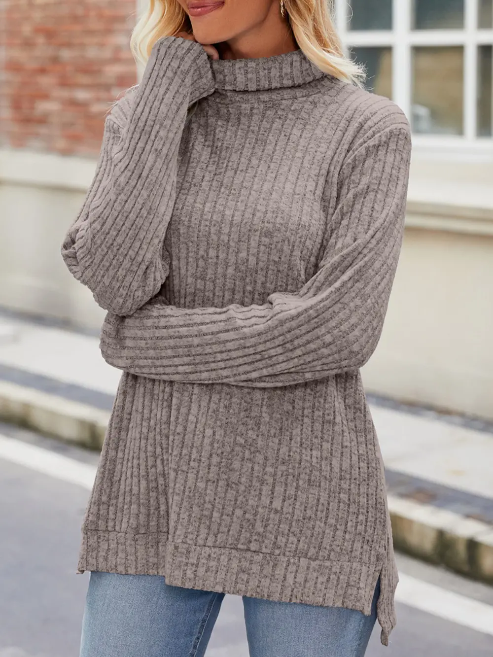 Ribbed Turtleneck Long Sleeve Slit Knit Top, image 2