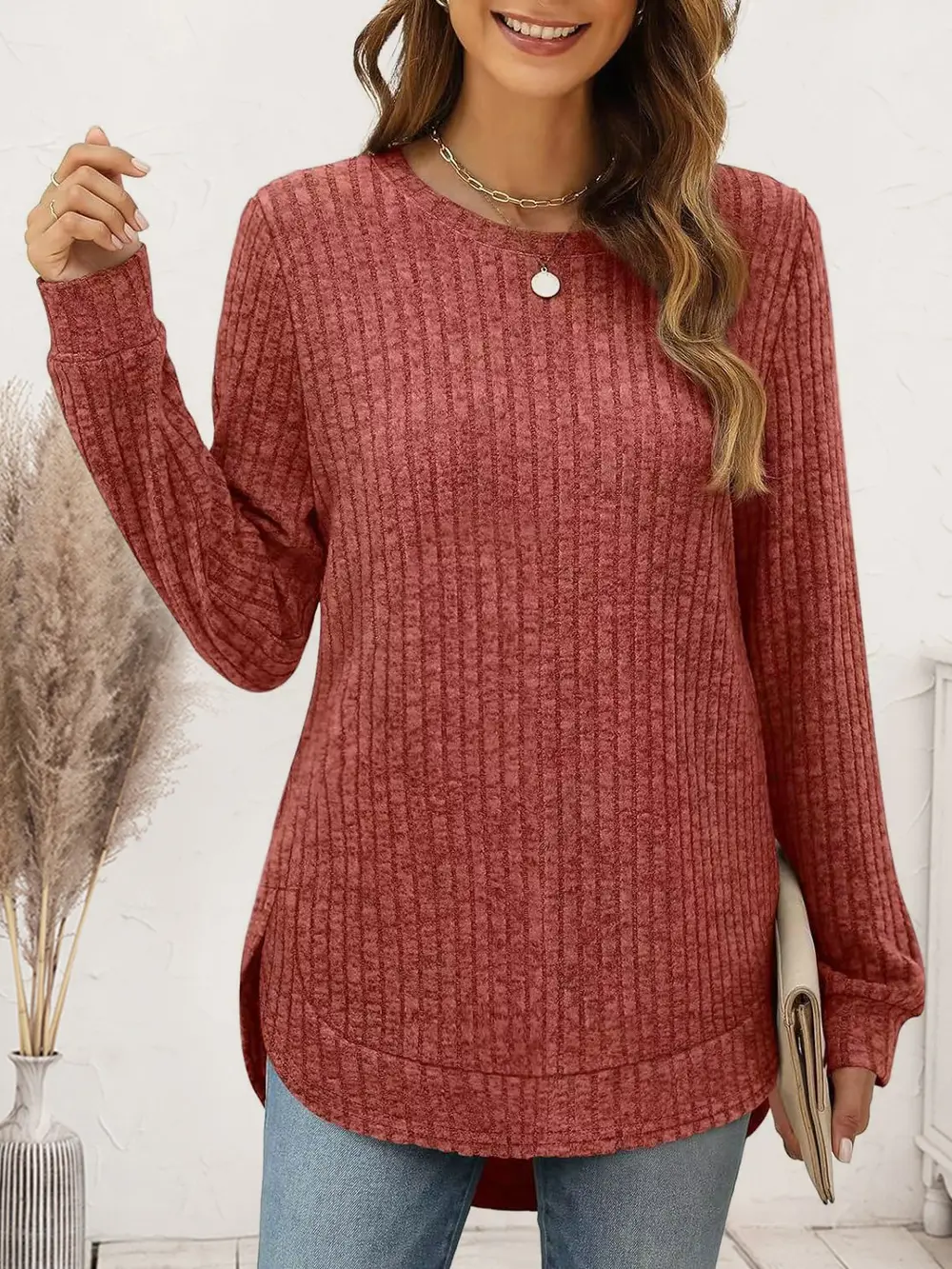 Ribbed Round Neck Long Sleeve T-Shirt, image 4