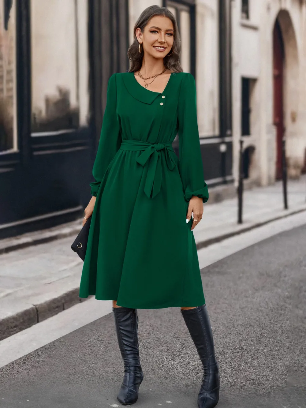 Buttoned Tie Front Long Sleeve Asymmetrical Neck Dress, image 5