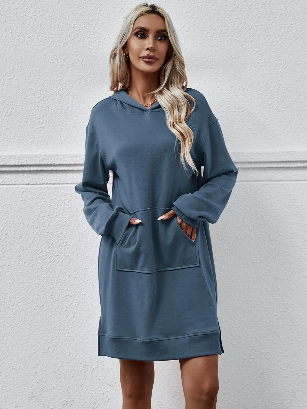 Slit Long Sleeve Hooded Dress with Pocket, image 16