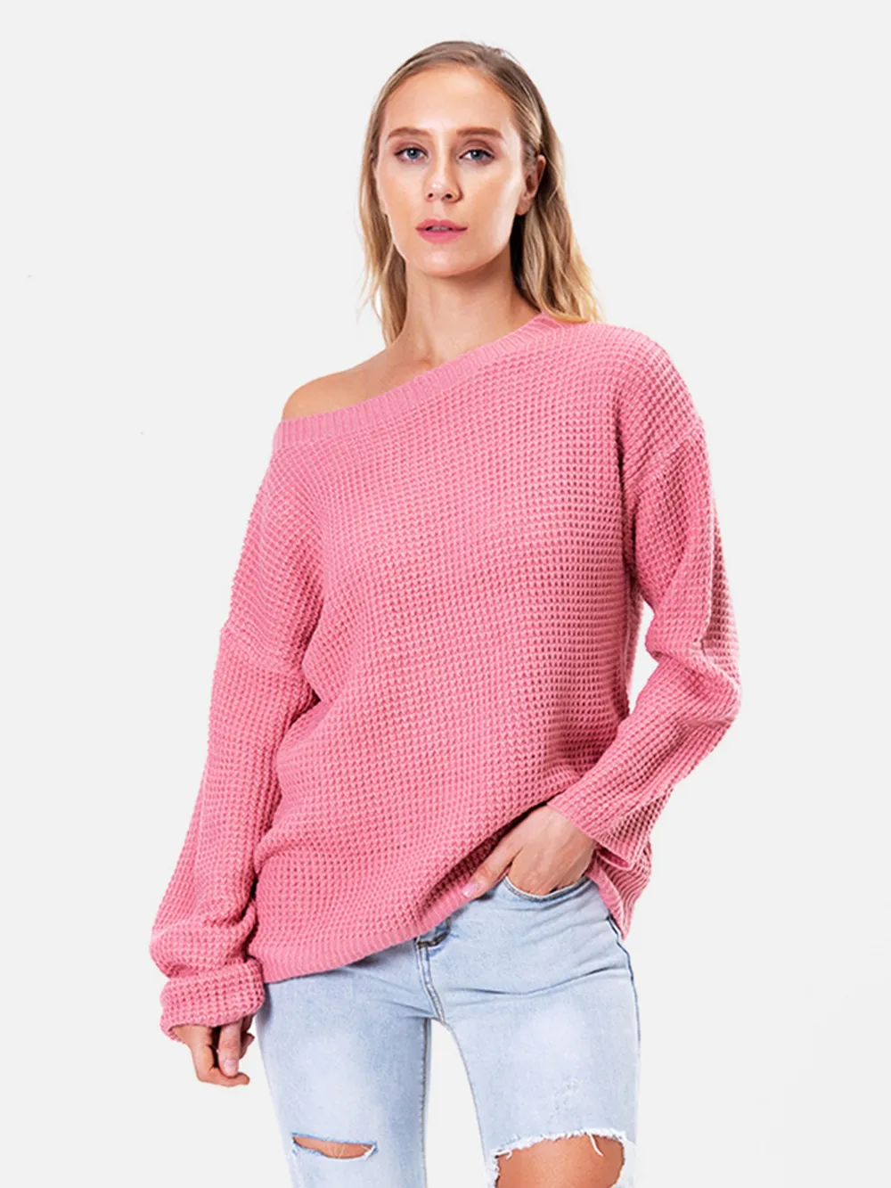 Boat Neck Drop Shoulder Long Sleeve Sweater, image 2