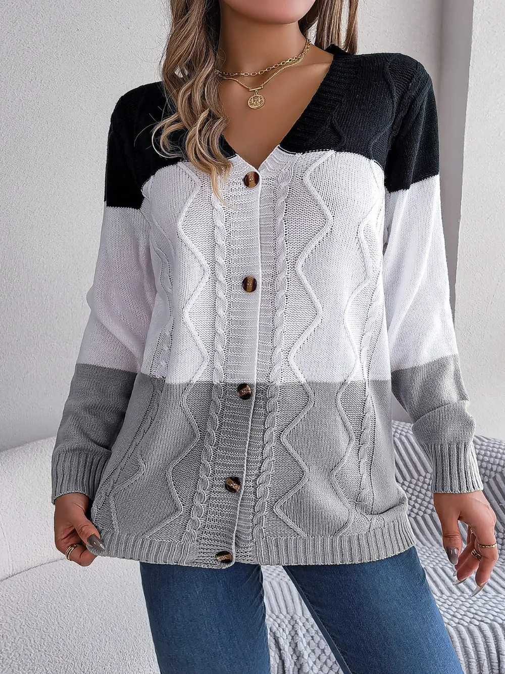 Cable-Knit Striped Button Up Cardigan, image 2