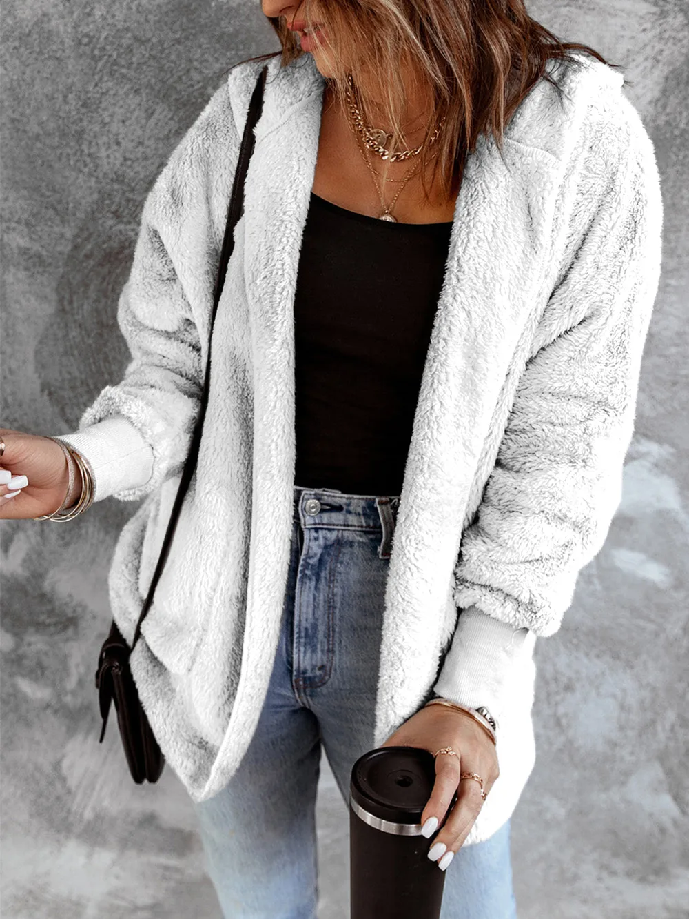 Open Front Hooded Faux Fur Outwear with Pockets, image 14