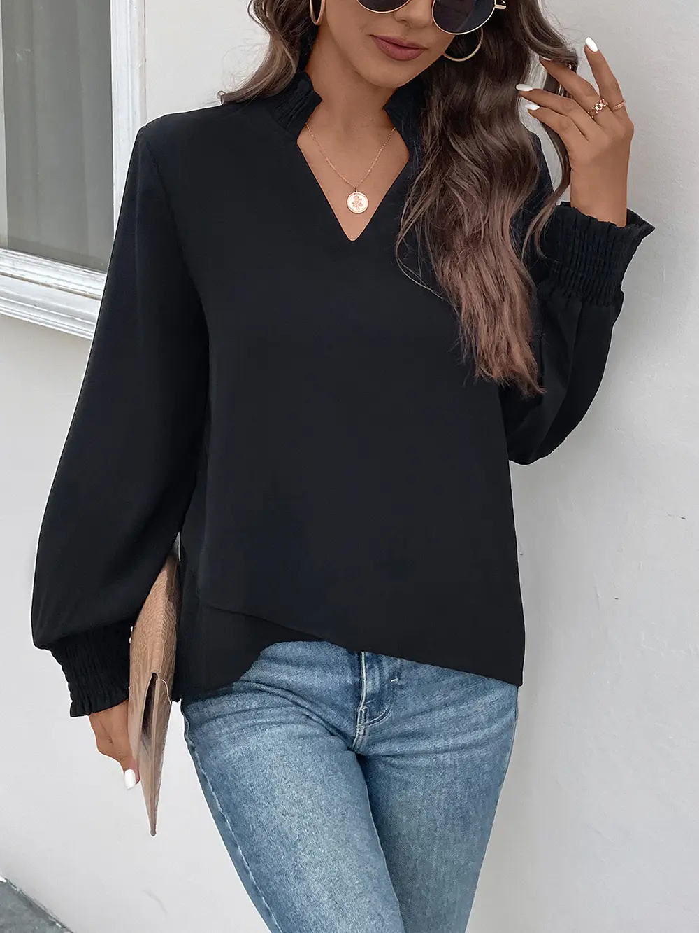 Smocked Notched Long Sleeve Blouse, image 2