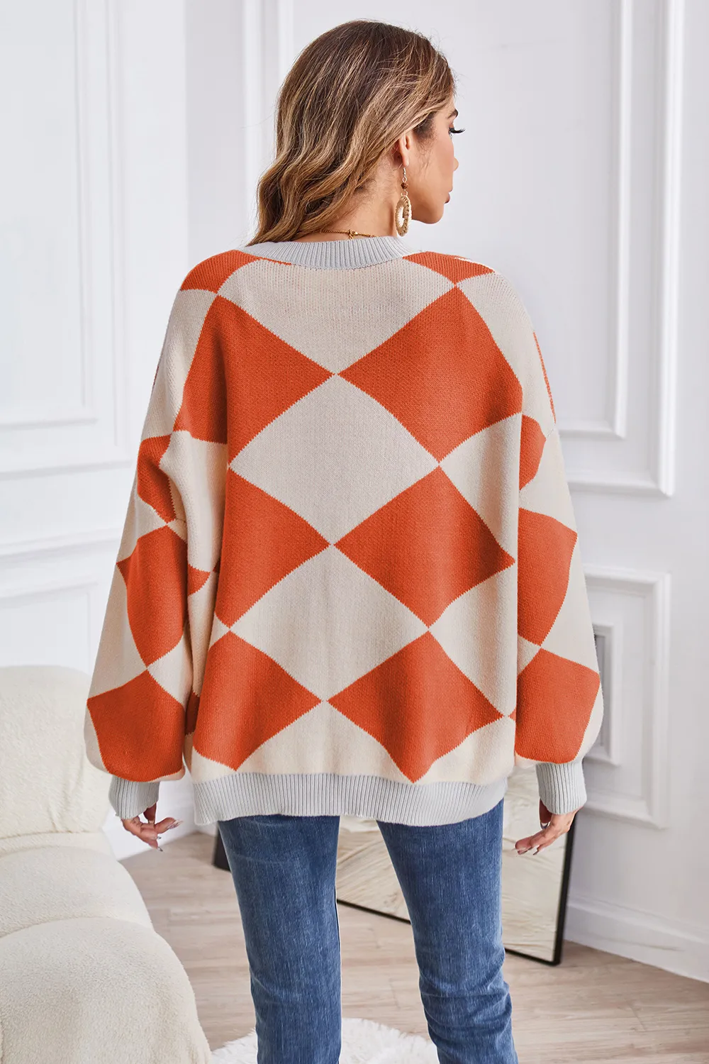 Geometric Lantern Sleeve Cardigan with Pockets, image 12
